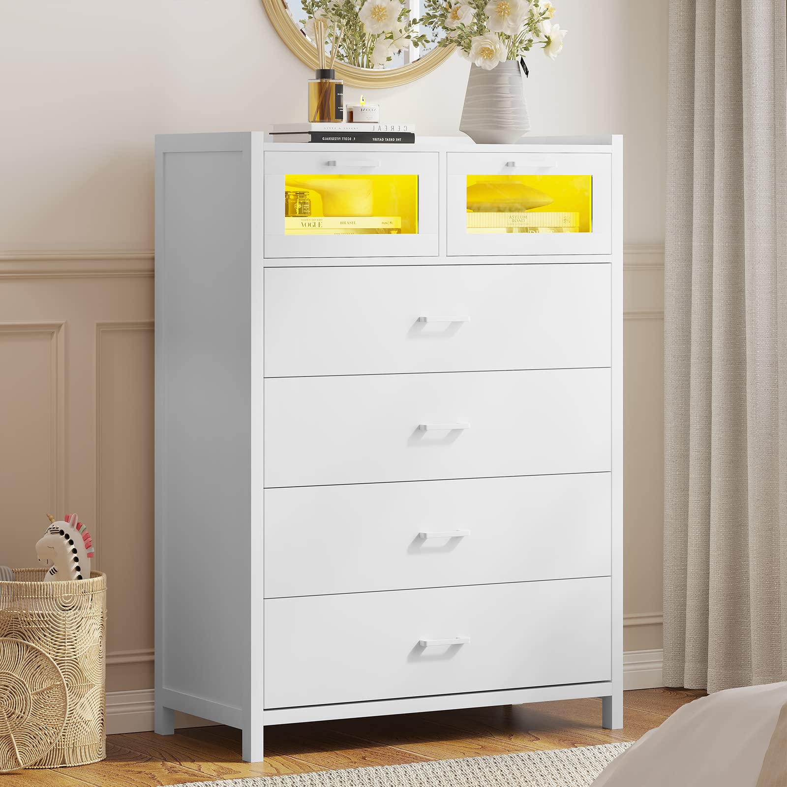 White 6 Drawers Dresser for Bedroom,Chest of Drawers with LED Lights, Wood Storage Cabinet Dresser for Nursery, Kids Room, Entryway