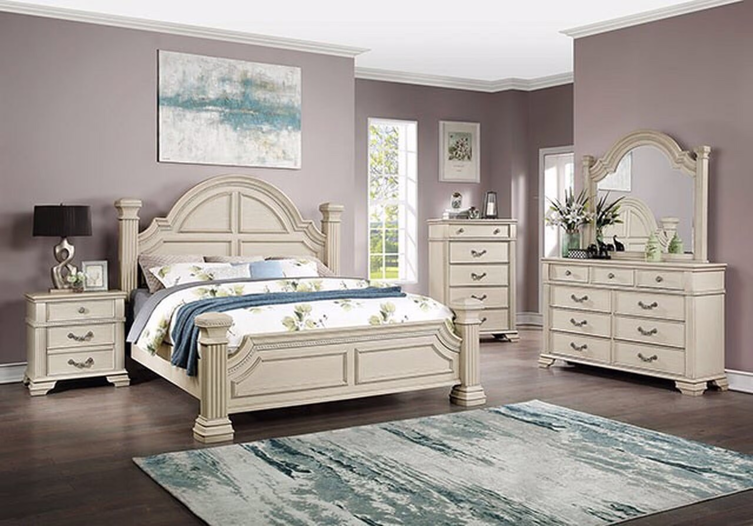 Traditional Antique White Solid wood 4pc Bedroom Set Queen Size Bed Dresser Mirror Nightstand Reeded Posts Unique Design