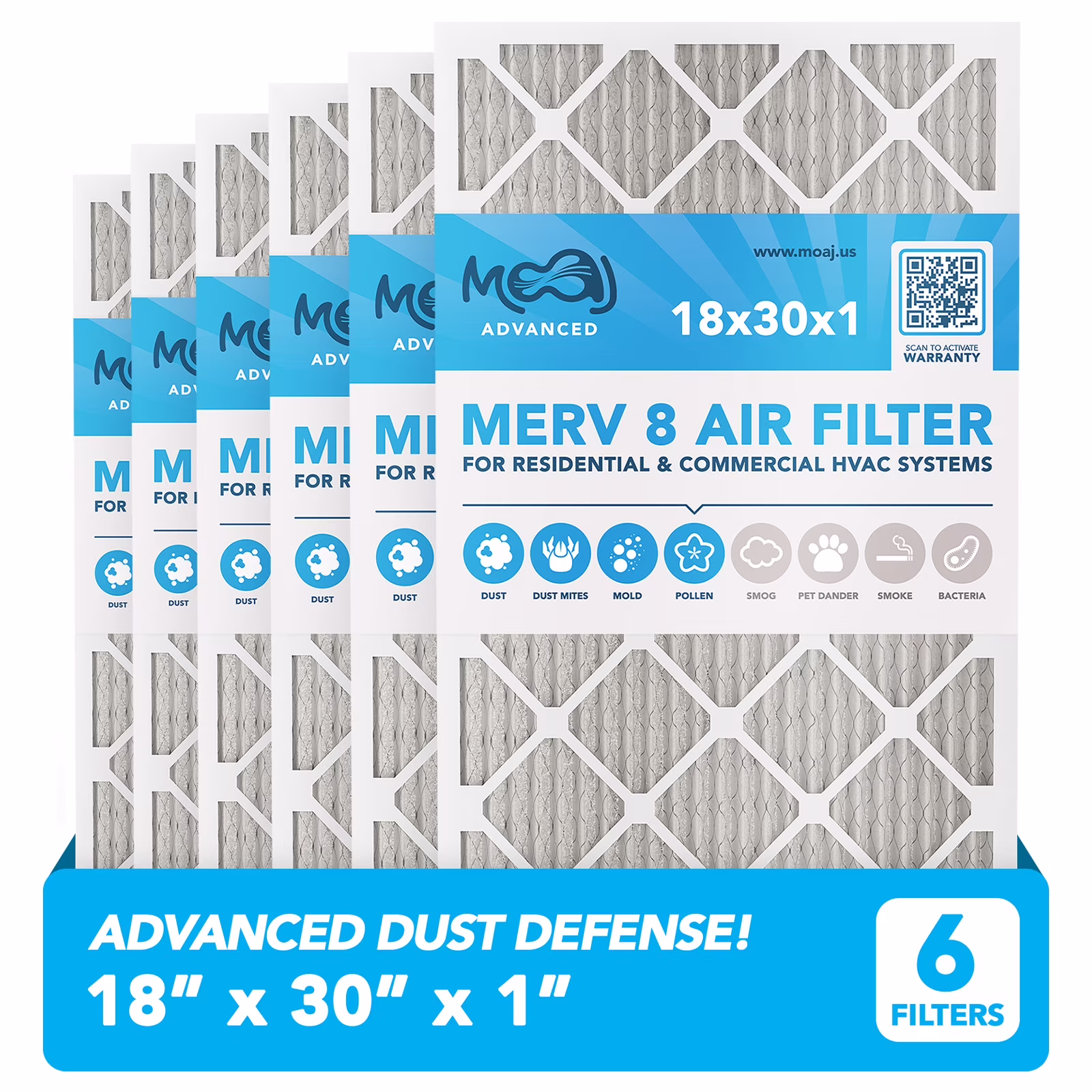 18x30x1 Air Filter (6-PACK) | MERV 8 | MOAJ Advanced Dust Defense | BASED IN USA | Quality Pleated Replacement Air Filters for AC & Furnace Applications | Actual Dimensions: 17.70