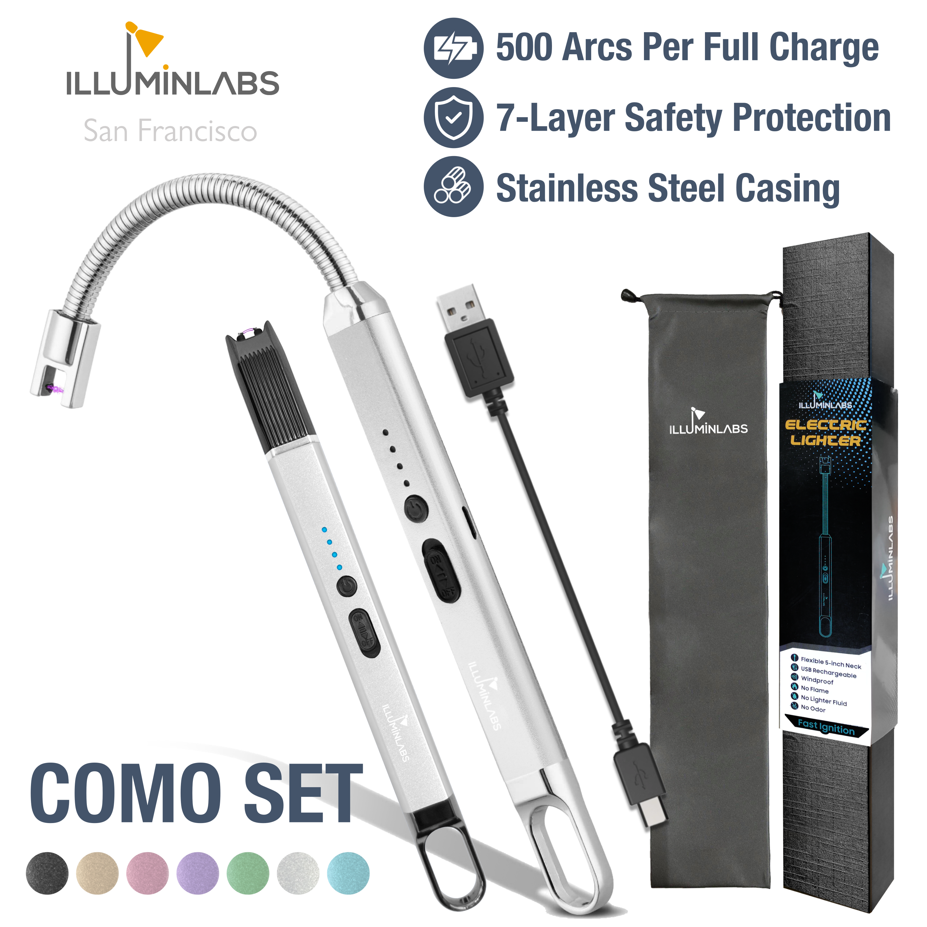 Illuminlabs 2Pack Electric Lighter – USB Rechargeable Candle lighter, Windproof Flameless Plasma Arc Lighter for BBQ Grill, Camping, Stove, 7.5” Long Stick Lighter,Silver