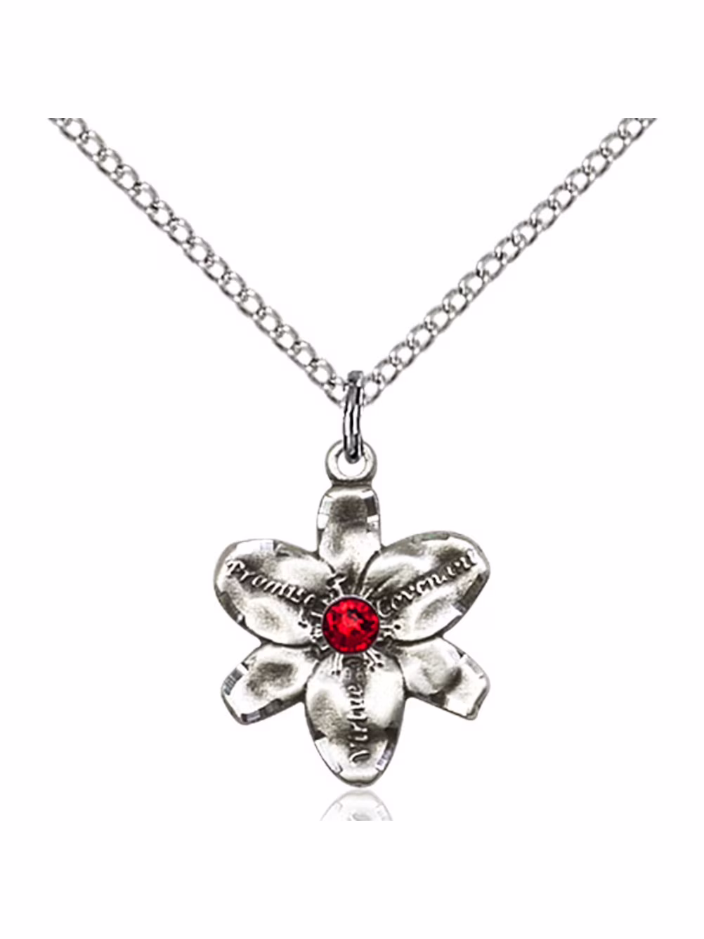 Sterling Silver Chastity Pendant with 3mm July Red Swarovski Crystal 5/8 x 1/2 inches with Sterling Silver Lite Curb Chain