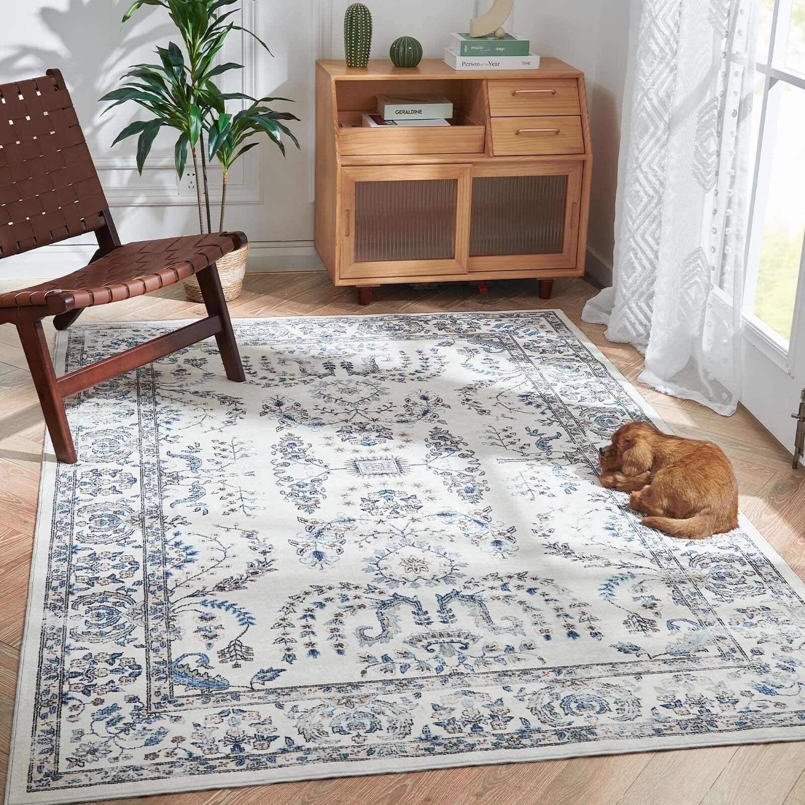 RUGKING Area Rug 8x10 Vintage Floral Print Rug Indoor Floor Cover Soft Thin Rug Retro Blue Country Boho Accent Rug for Bathroom Kitchen Bedroom Living Room