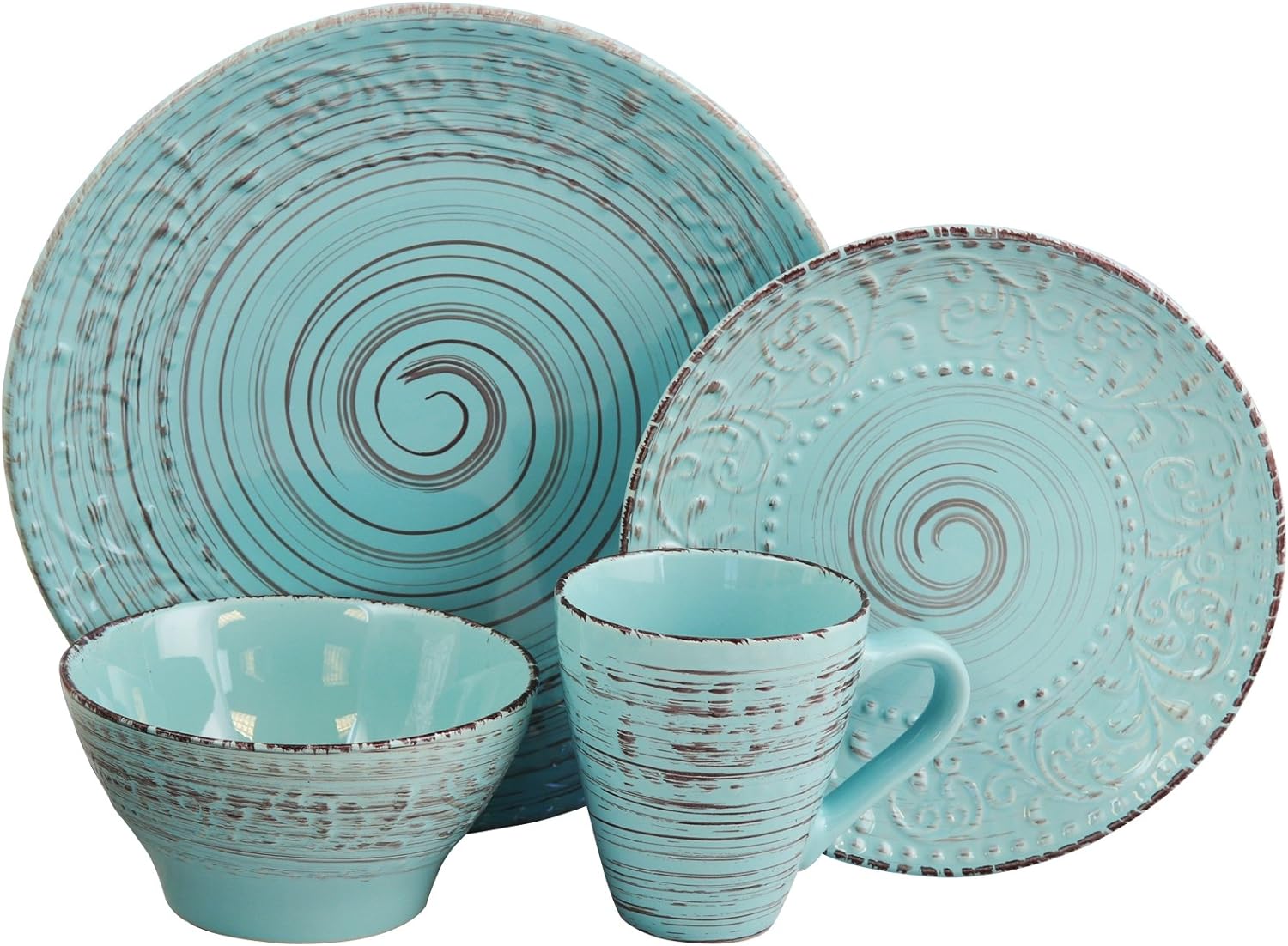 Embossed Stoneware Ocean Dinnerware Dish Set, 16 Piece, Turquoise
