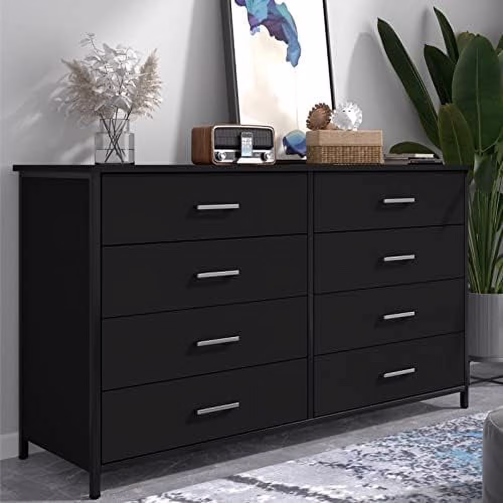8 Drawer Dresser for Bedroom  Industrial Wood Dresser Wide 8 Chest of Drawers  Wooden  Organizer Dresser with Sturdy Steel Frame (Black)