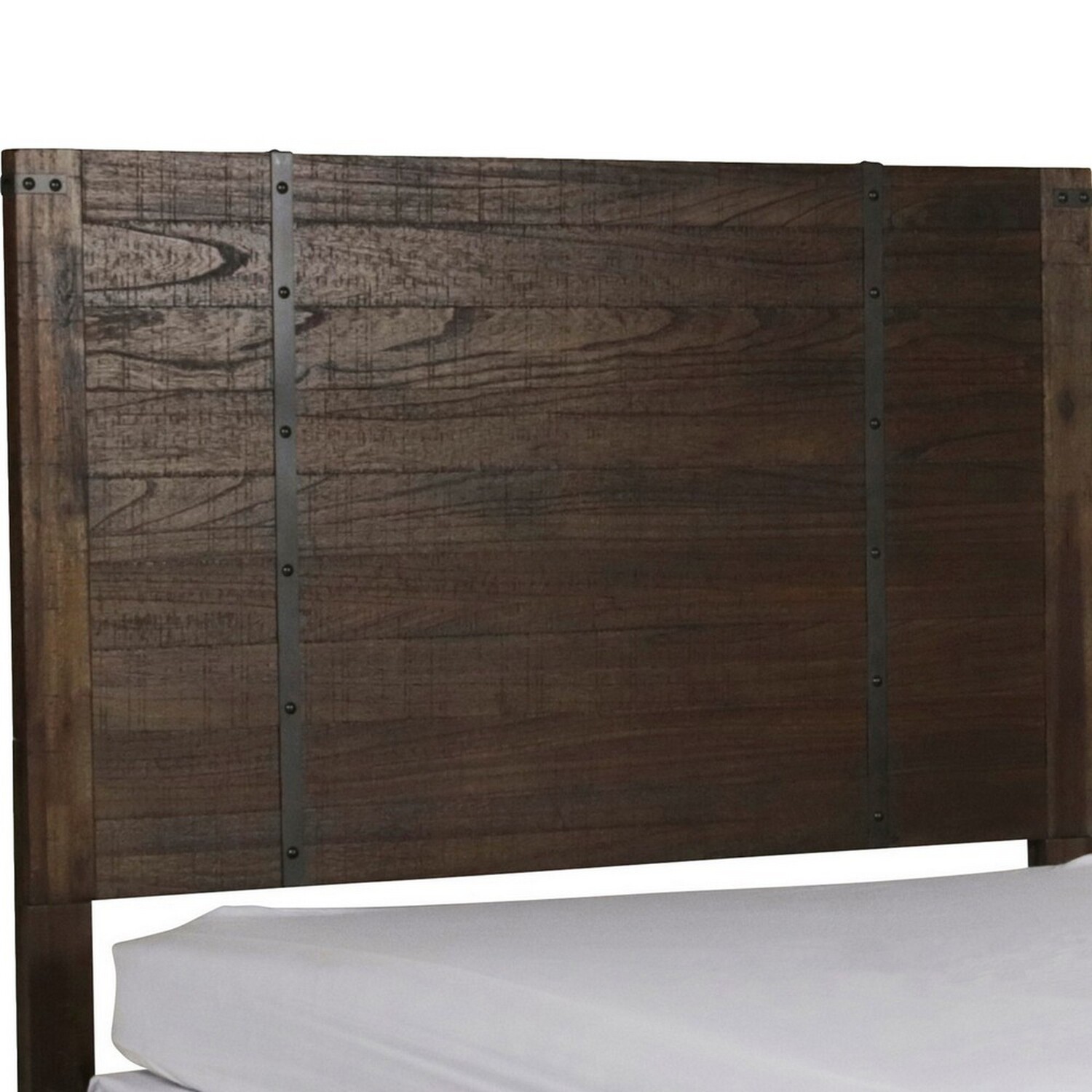 Benjara BM223292 Plank Style Headboard with Metal Strips & Rivet Accents, Brown - Queen Size