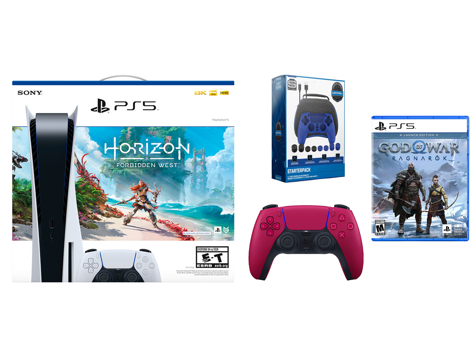 Sony Playstation 5 Disc Horizon Forbidden West with God of War Ragnarök Launch Edition, Extra Controller and Gamer Starter Pack Bundle - Cosmic Red