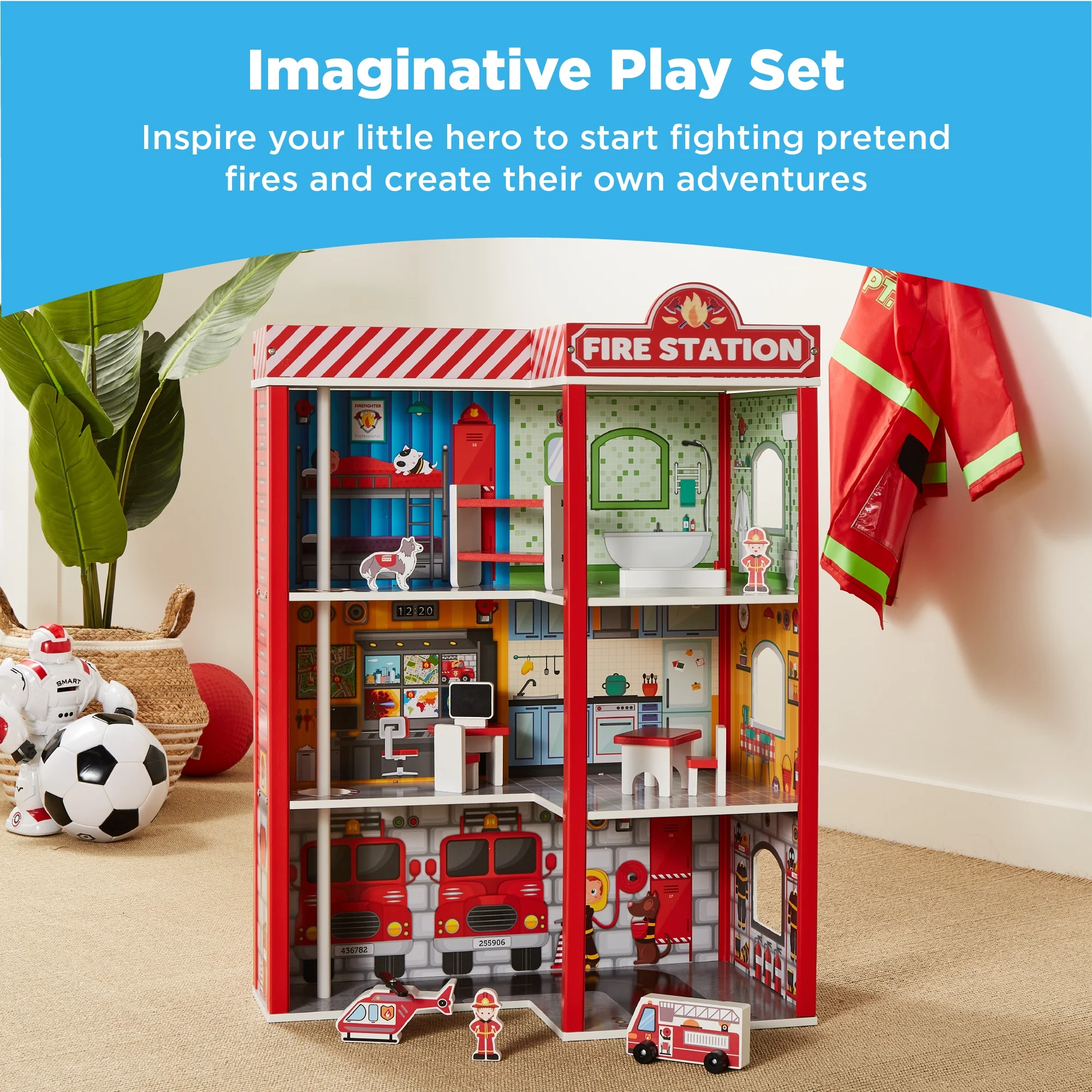 Best Choice Products 32in Kids 3-Story Pretend Wooden Fire Station Play Set Toy, w/ 2 Vehicles, 12 Accessories, 5 Rooms