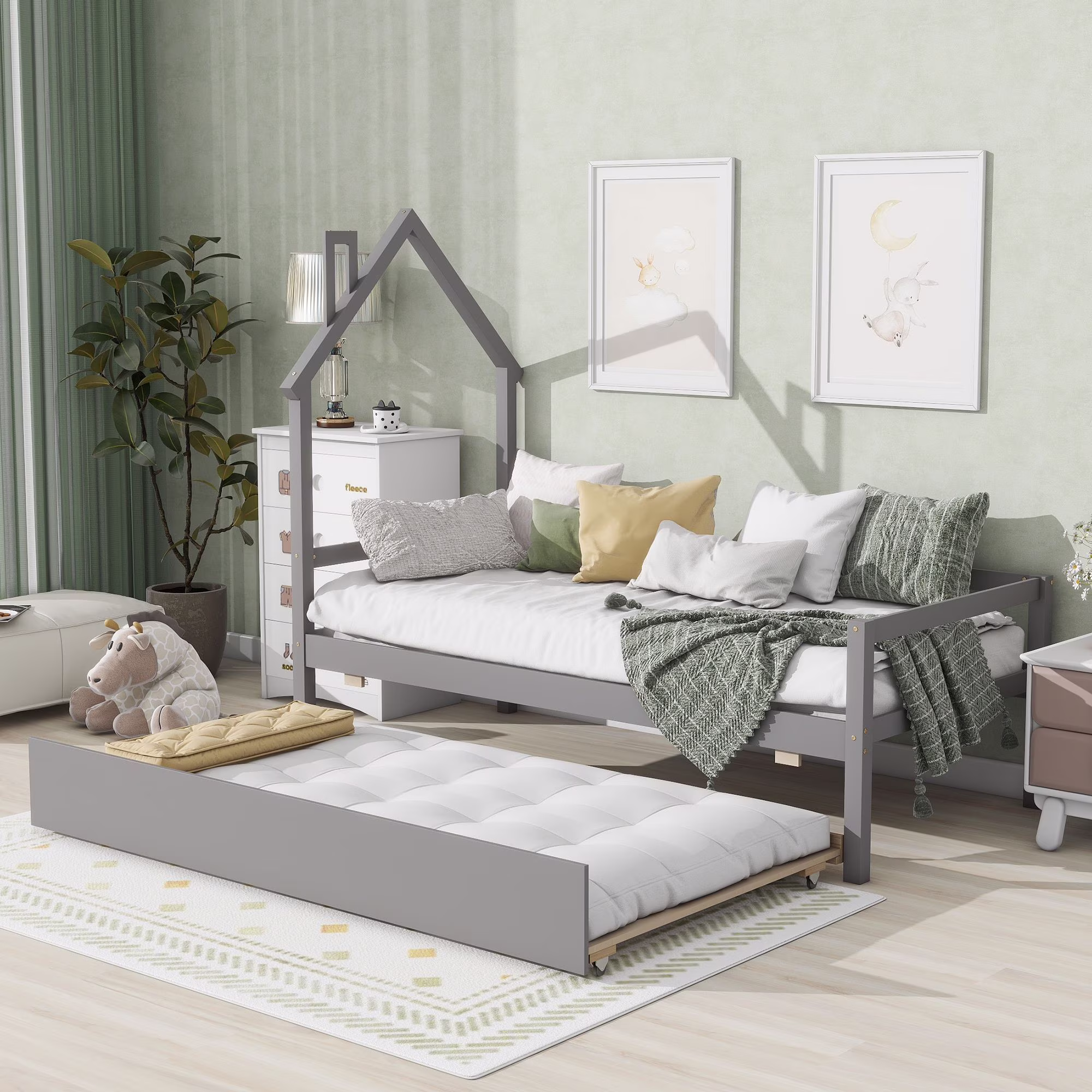 Twin House-Shaped Wood Daybed with Guardrails Mattress Foundation with Trundle, Bed Frame Storage Bed w/ Wooden Slats for Boy Girl, No Box Spring Needed