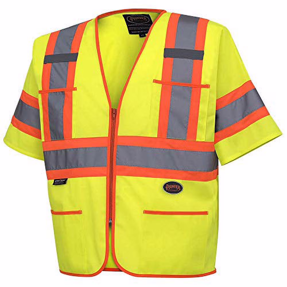 Pioneer High Visibility Tricot Sleeved Safety Vest, Reflective Tape, 4 Pockets, Yellow/Green, Unisex, XL, V1023560U-XL