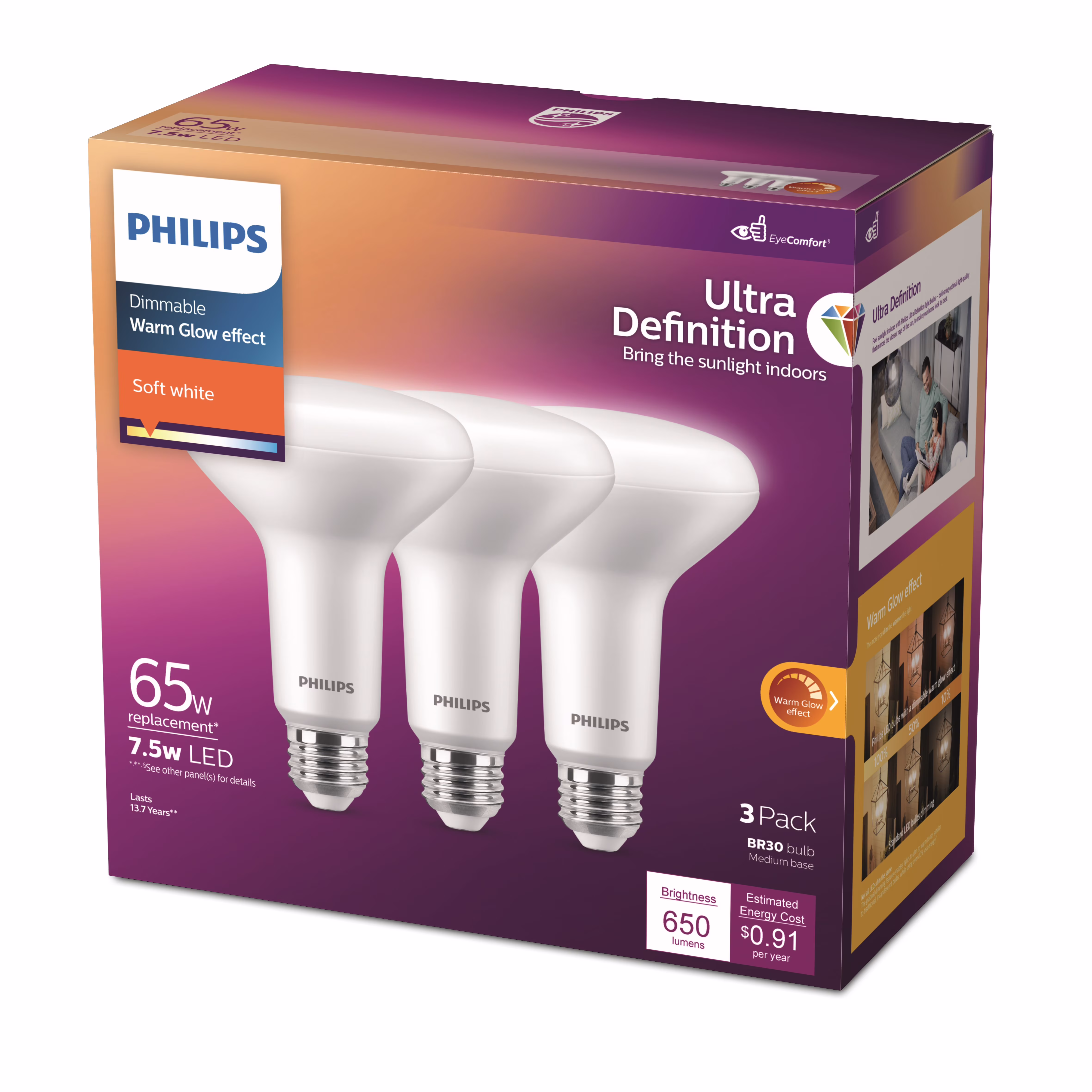 Philips Ultra Definition LED 65-Watt BR30 Indoor Recessed Downlight, Frosted Soft White, Dimmable, E26 Medium Base (12-Pack)
