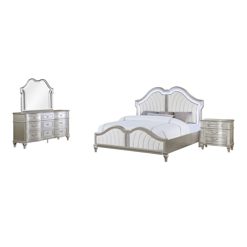 Evangeline 4-piece Upholstered Platform California King Bedroom Set Ivory and Silver Oak