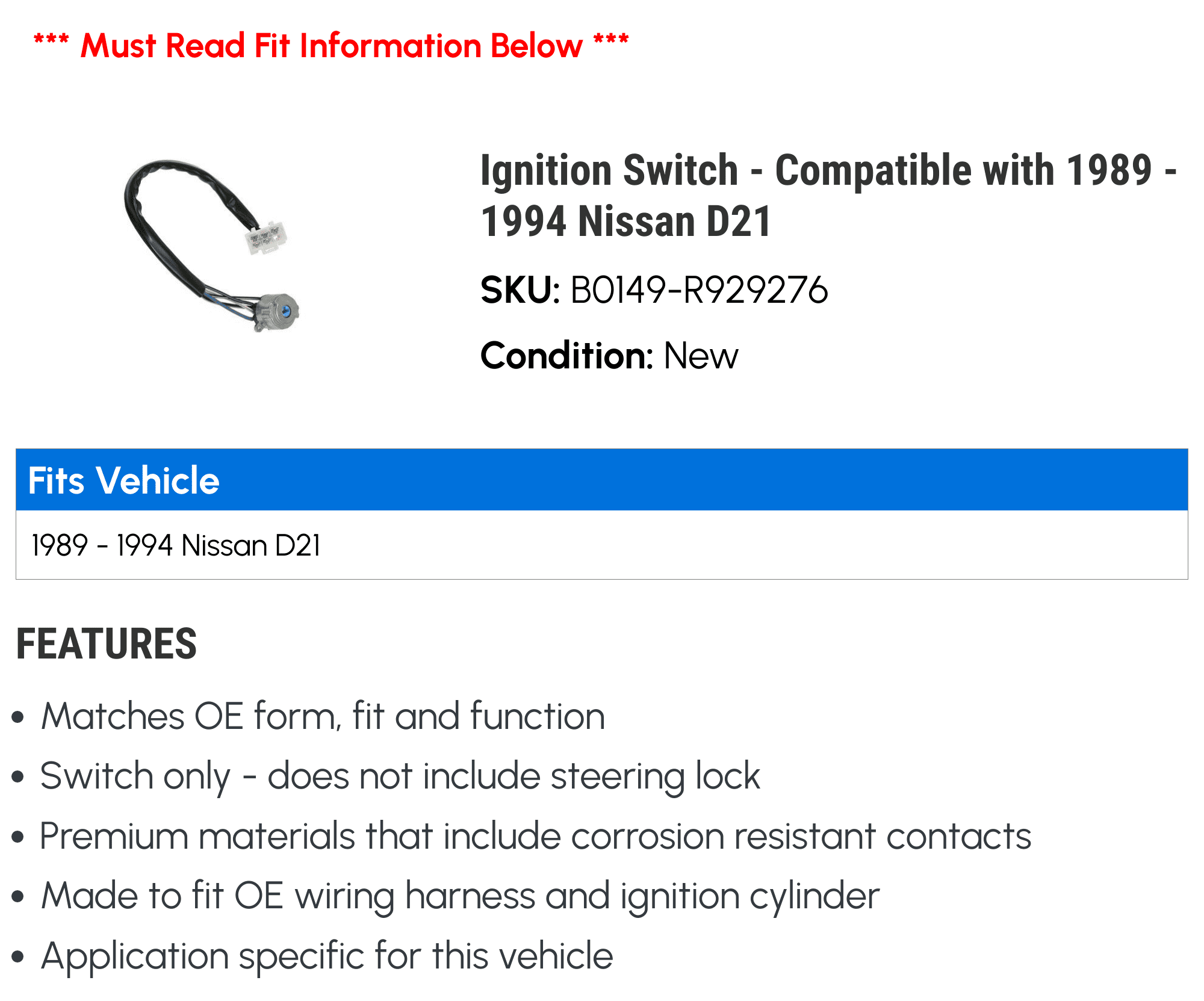 Ignition Switch - Compatible with 1989 - 1994 Nissan D21 1990 1991 1992 1993