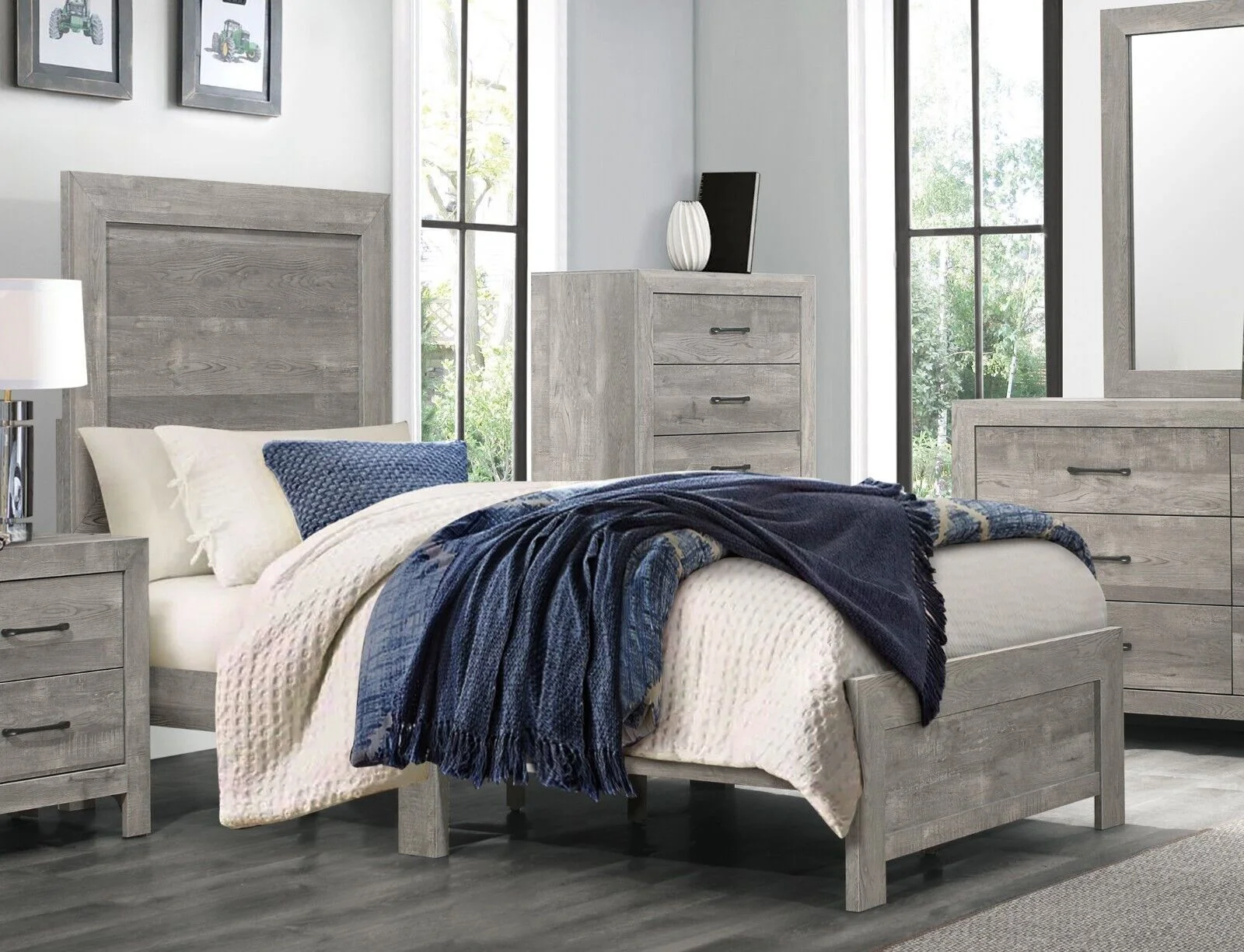 Modern Rustic Style Gray Finish Twin Size Bed and 2x Nightstands Bedroom Furniture 3pc Set