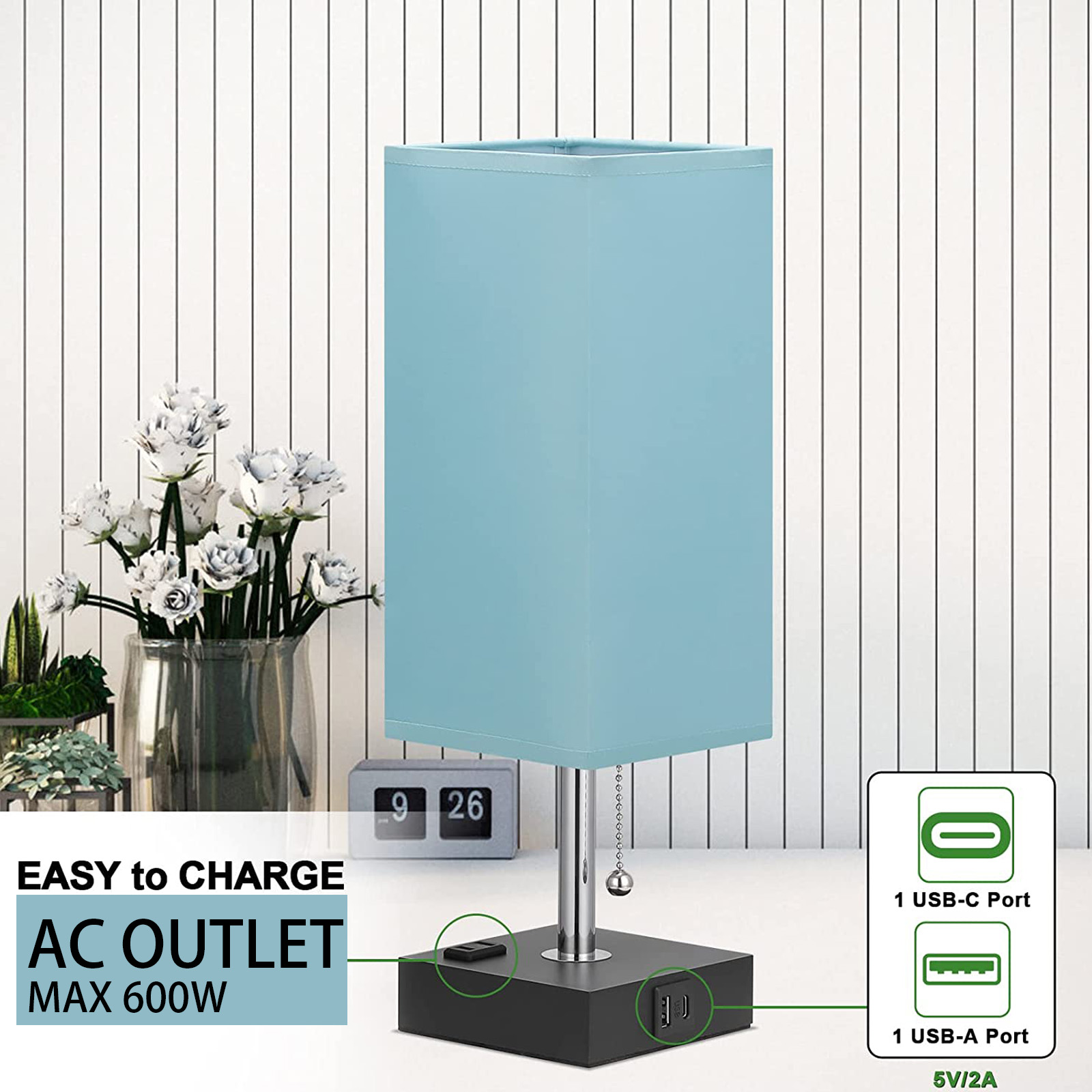 Teal Bedside Lamp USB Port - Table Lamp with USB C + A Charging Port & AC Outlet for Bedroom, Small Nightstand Light for Dresser