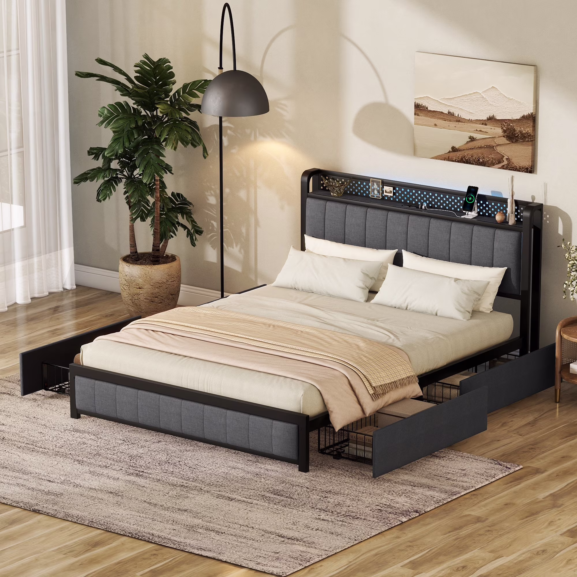 Queen Bed Frame with LED Headboard, Upholstered Bed with 4 Storage Drawers and USB Ports, Dark Grey(Expect Arrived Date Oct.16th)