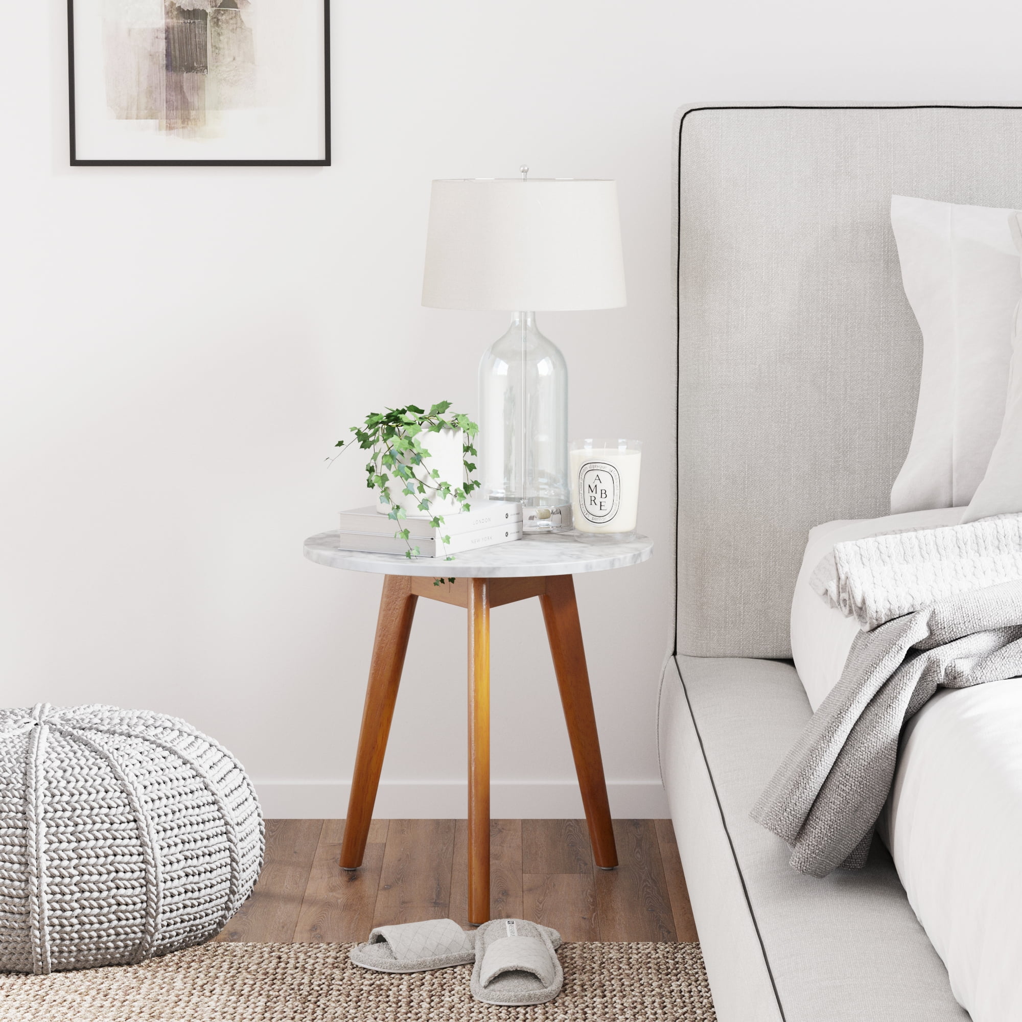 Nathan James Amalia Accent Table or Nightstand White Marble Laminated Top Dark Brown Solid Wood Base