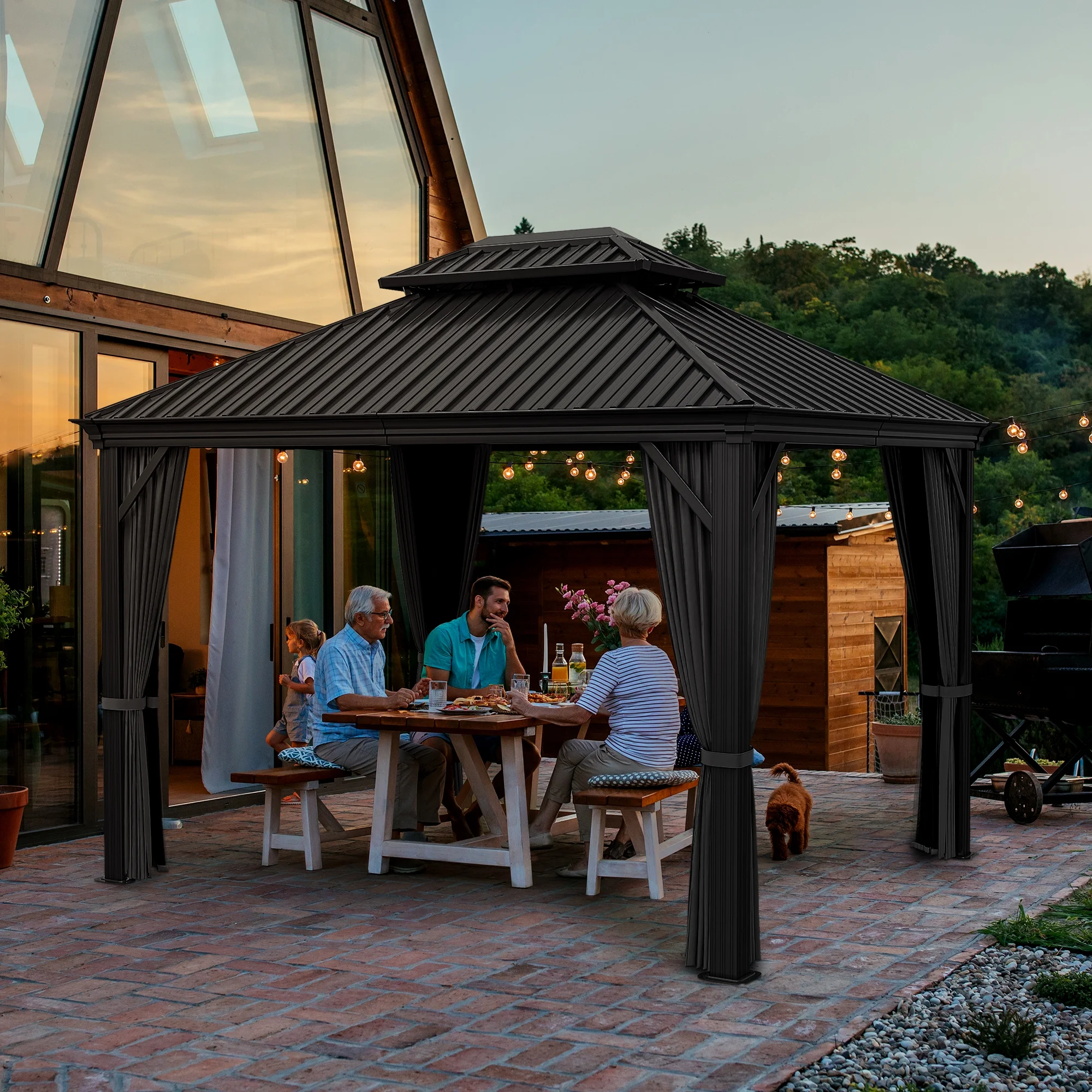 EGEIROS LIFE 12 Ft. W X 10 Ft. D Double Aluminum Hard Roof Patio Gazebo With Mosquito Net (Gray)