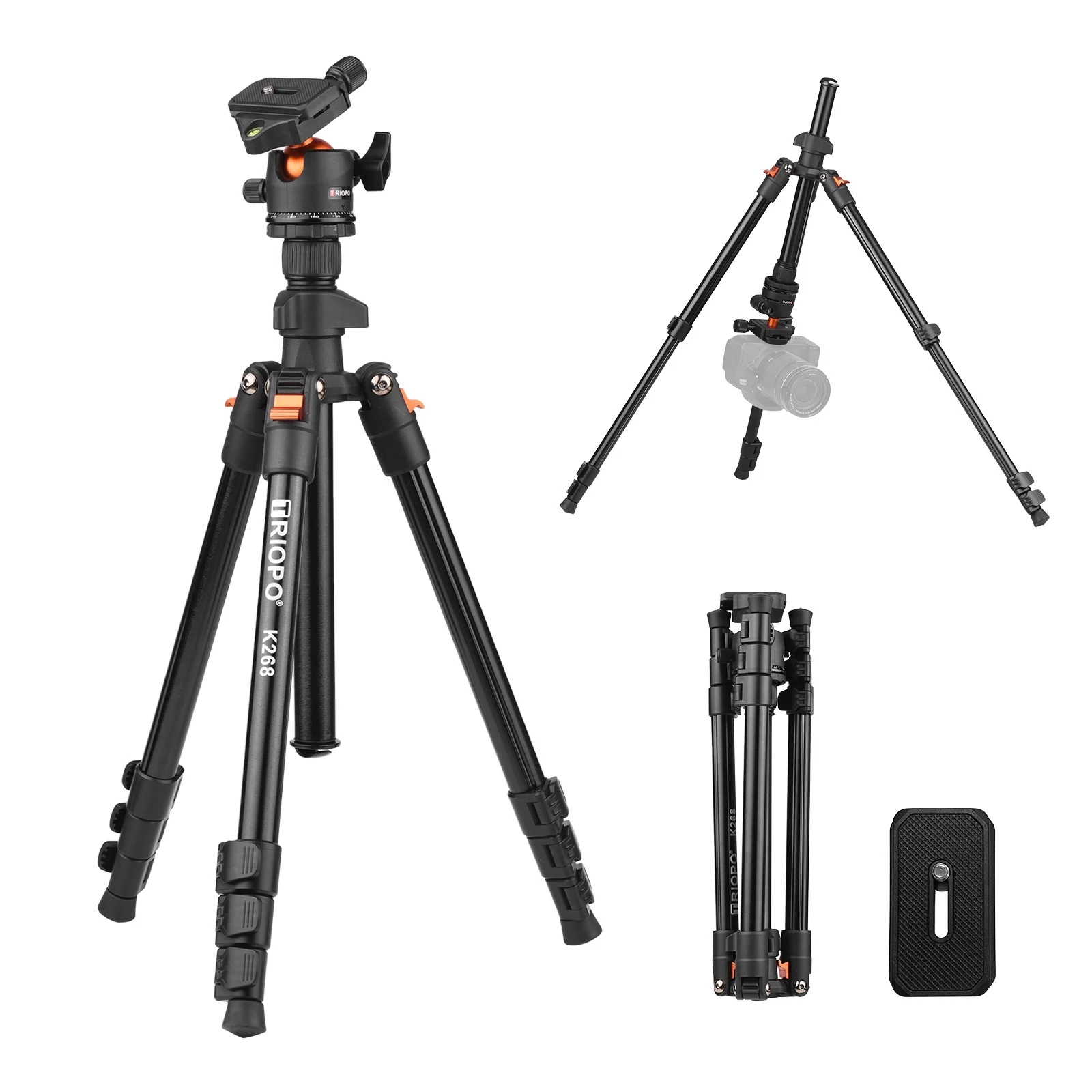 TRIOPO K268 Portable Photography Tripod Stand Aluminum Alloy Panorama Ball Head 162cm/63.8in Max. Height 10kg/22lbs Load Capacity Travel Camera Tripod with Carry Bag 2pcs Quick Release Plates
