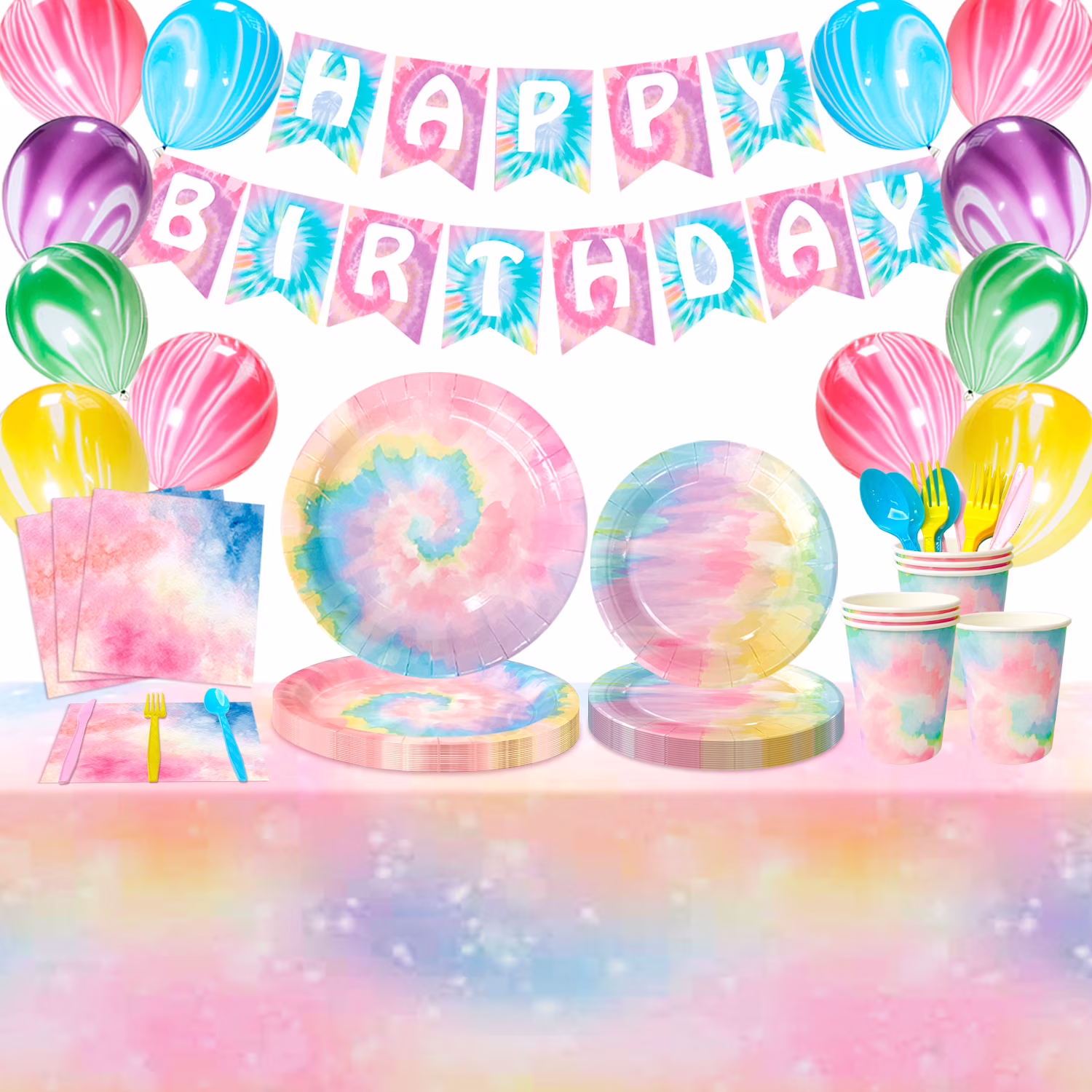 Tie Dye Birthday Party Supplies,138pcs Tie Dye Party Decorations&Tableware Set-Tie Dye Plates and Napkins Cups Tablecloth&Tie Dye Balloons Banner etc Tie Dye Birthday Decorations for Girls Kids