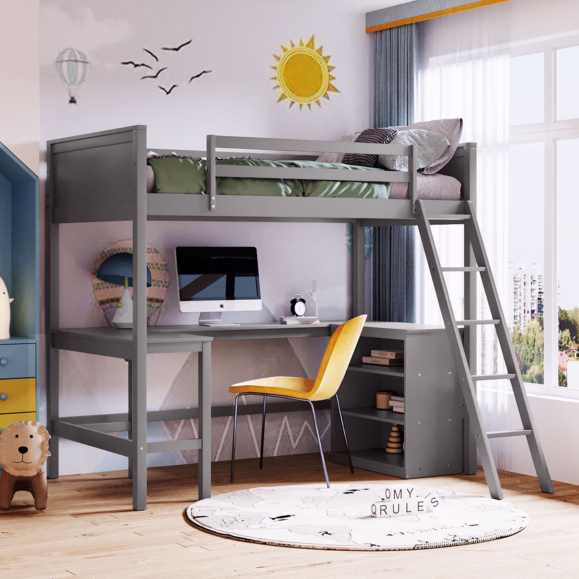 CoSoTower Twin Size Loft Bed with Shelves and Desk, Wooden Loft Bed with Desk - Gray