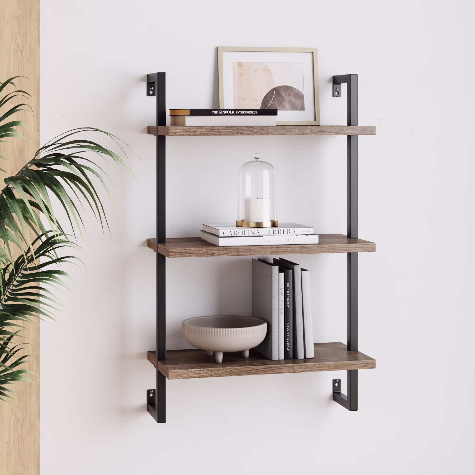Nathan James Theo 3-Shelf Bookcase Floating Wall Mount Rustic Oak Wood with Black Industrial Pipe Metal Frame