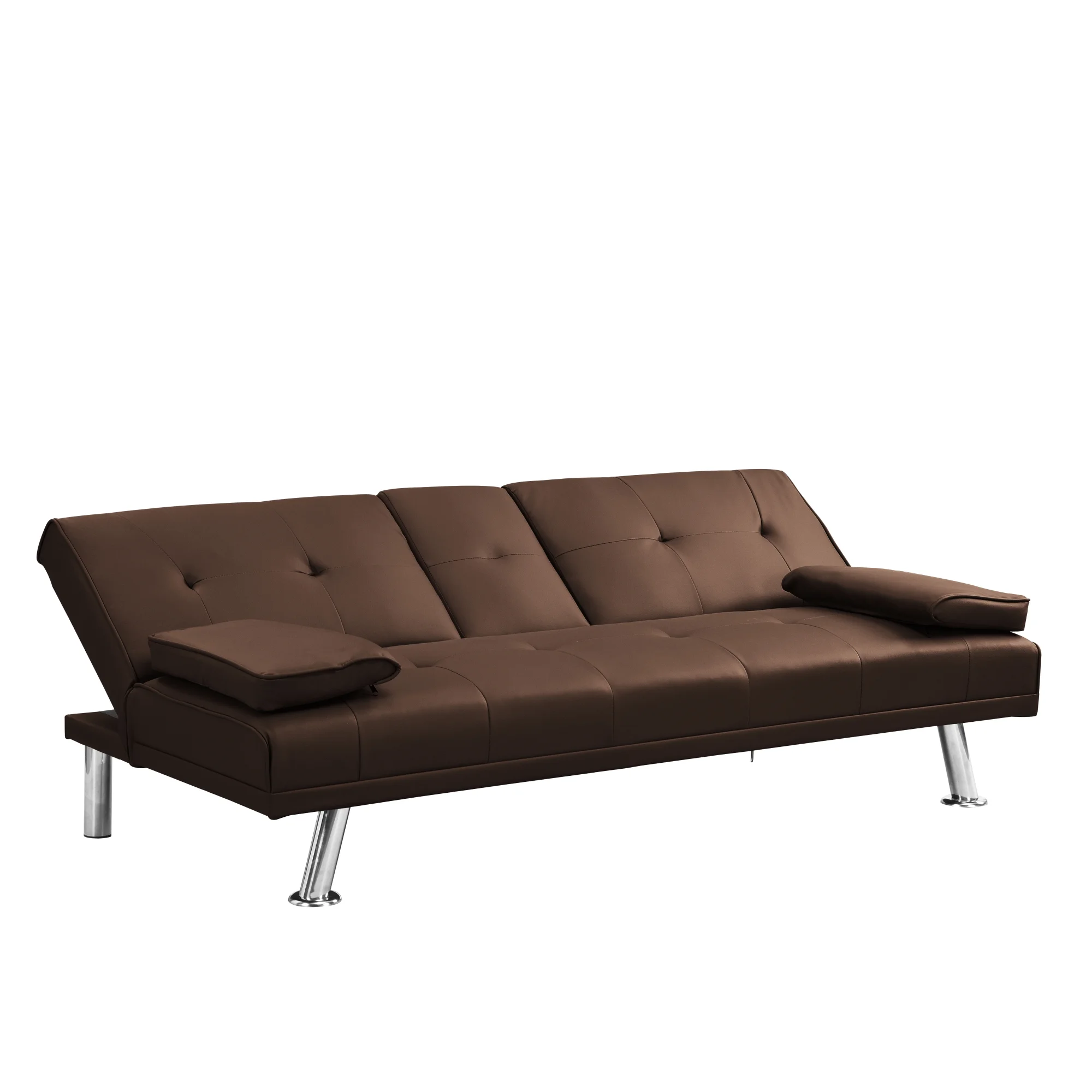 Sofa Bed with Armrest two holders WOOD FRAME, STAINLESS LEG, FUTON BROWN PVC