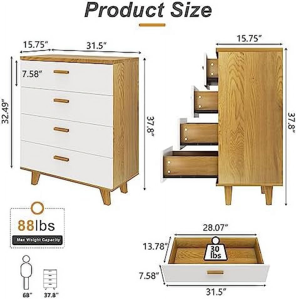 RUNFAYBIU White Dresser for Bedroom  4 Drawer Dresser  Wood Dresser   Chest of Drawers & Dresser Bedroom Dresser Funiture TV Stand Dresser