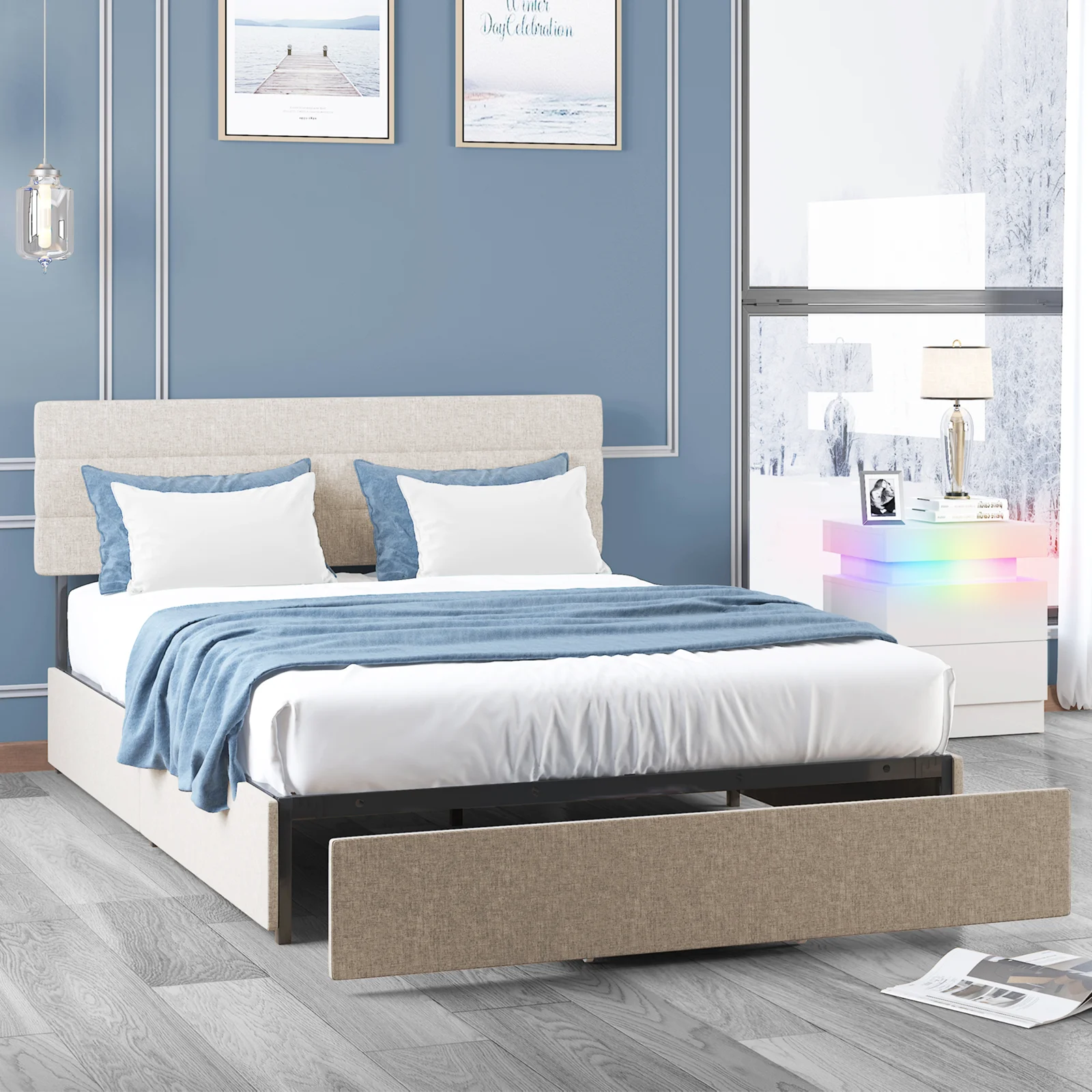 BALUS Full Bed Frame with 2 Storage Drawers, Adjustable Upholstered Headboard, No Box Spring, Sturdy Wood Slat Support, No Noise, Easy Assembly, Beige