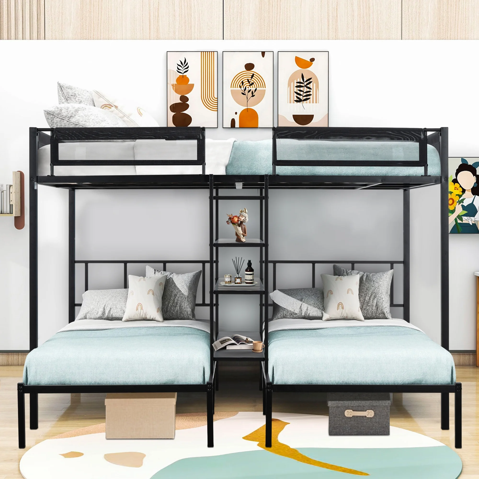 iRerts Triple Bunk Beds for Kids Adults, Metal Full over Twin over Twin Bunk Bed with Built-in Shelf, Triple Bunk Bed Frame with Headboard and Safety Guardrail, 3 in 1 Bunk Bed for Bedroom, Black