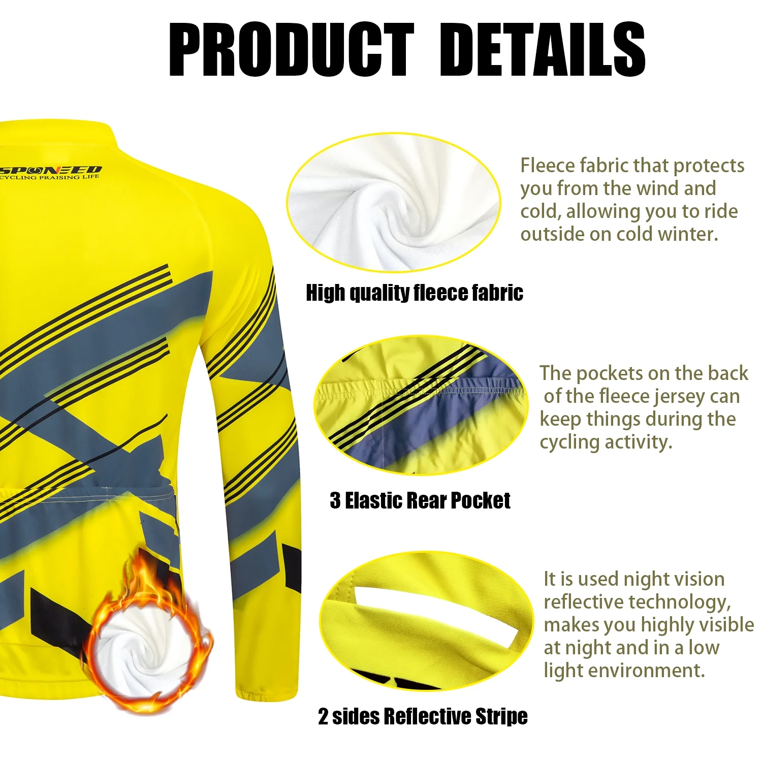 Sponeed Men's Cycling Jersey Cold Weather Long Sleeve Biking Shirts Thermal Bicycle Jacket Biker Gear Yellow L