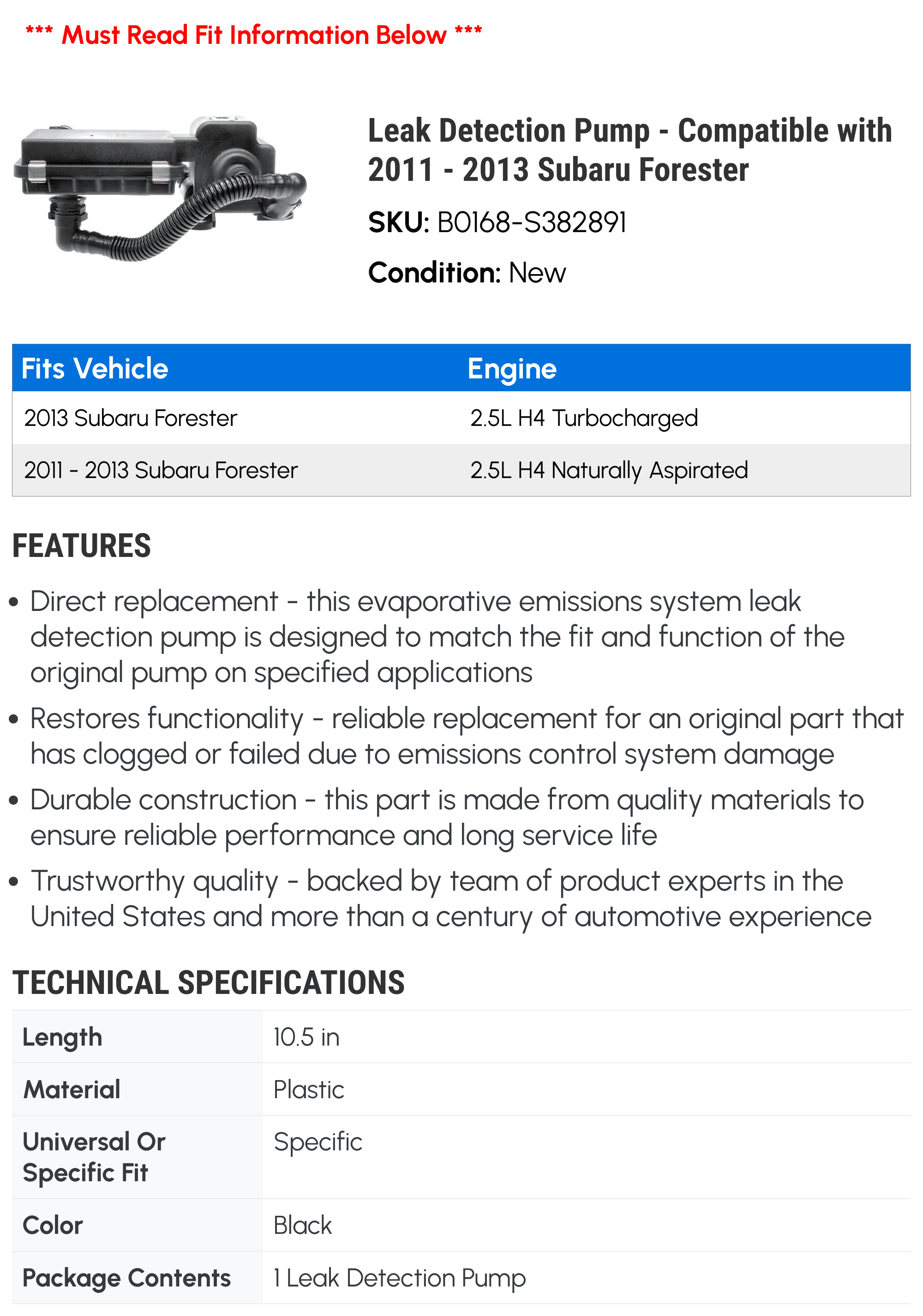 Leak Detection Pump - Compatible with 2011 - 2013 Subaru Forester 2012