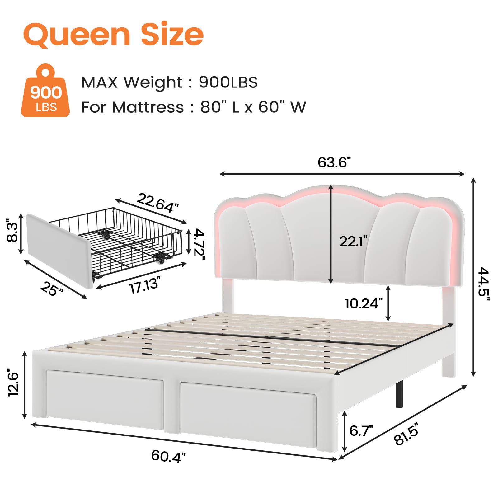 Queen Size Led Bed Frame with 2 Storage Drawers,Upholstered Platform Storage Bed with Drawers and Flower Headboard,White