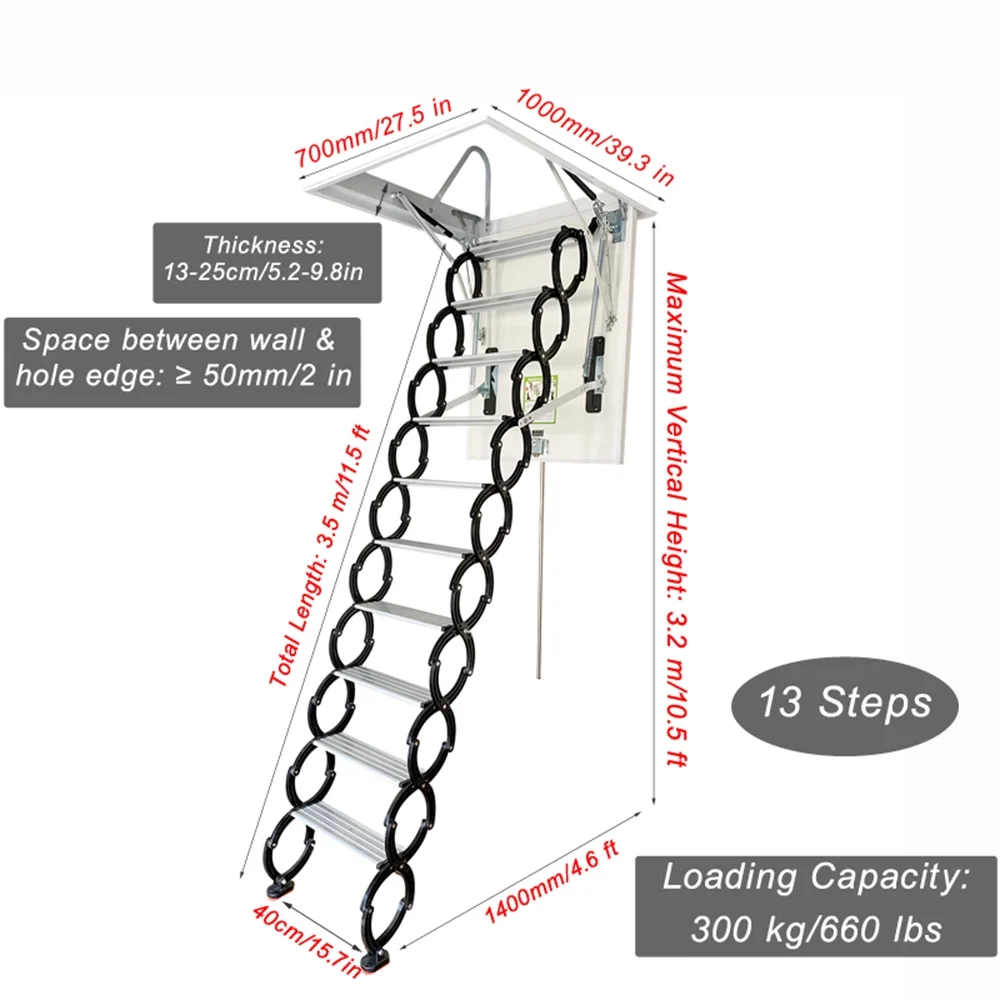 Techtongda Black and White Loft Wall Ladder Stairs Attic Ceiling Ladder Telescopic Folding Ladder 13 Steps Al-Mg Alloy