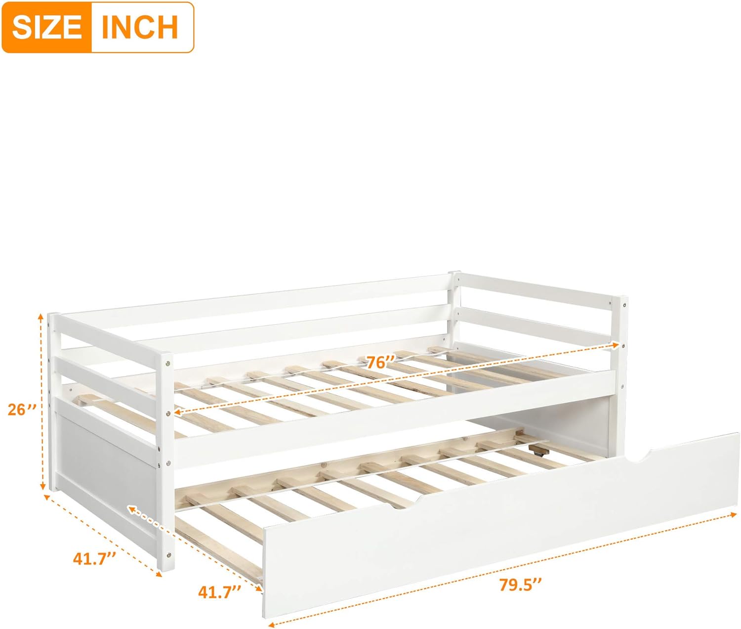 Daybed With Trundle, Solid Wood Bed Frame, White