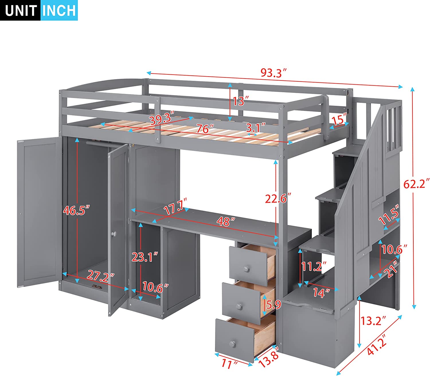 Size Loft Bed Frame With Wardrobe And Staircase For Kids, Desk And Storage Drawers And Cabinet In 1,Gray