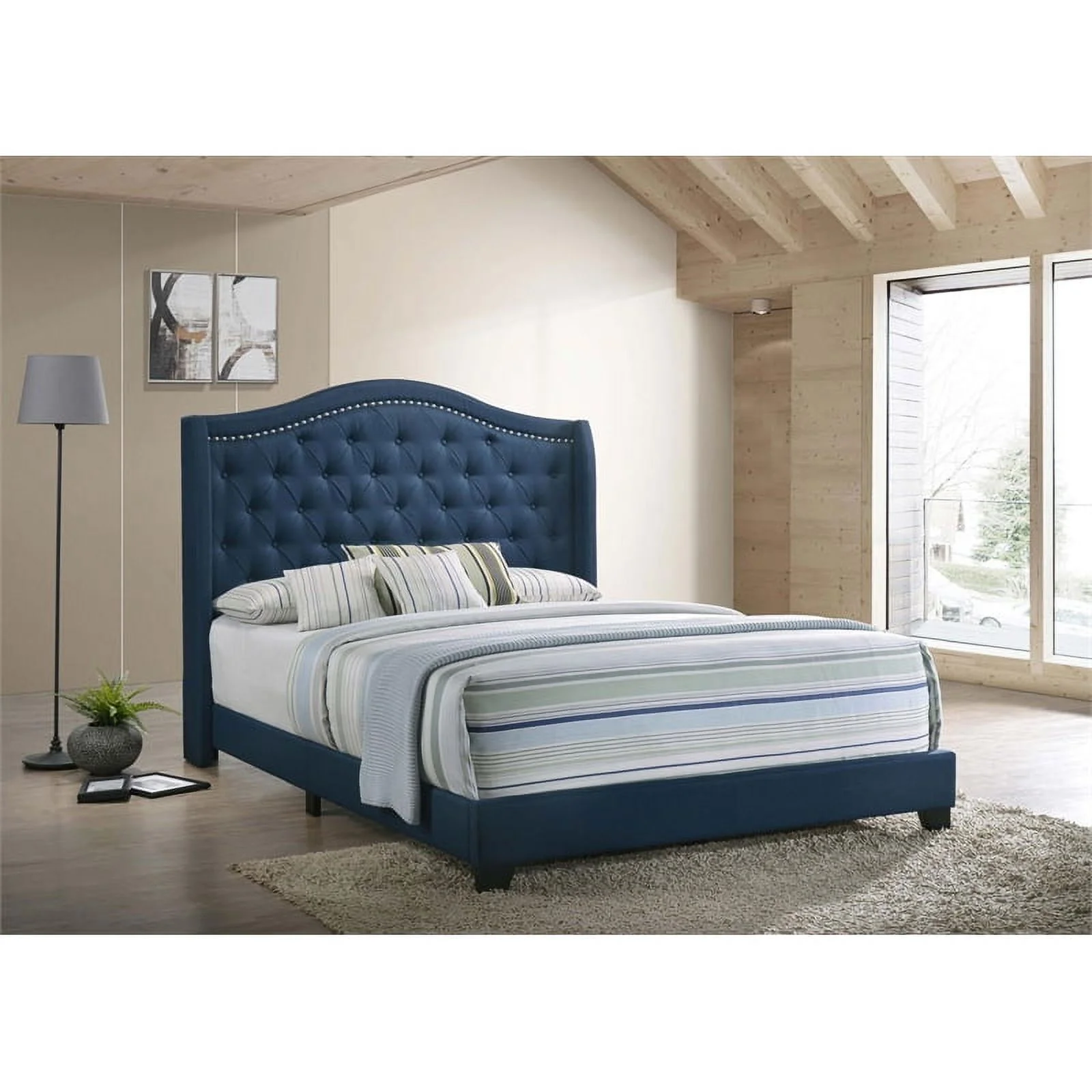 Pemberly Row Fabric Upholstered Camel Headboard Queen Bed in Blue
