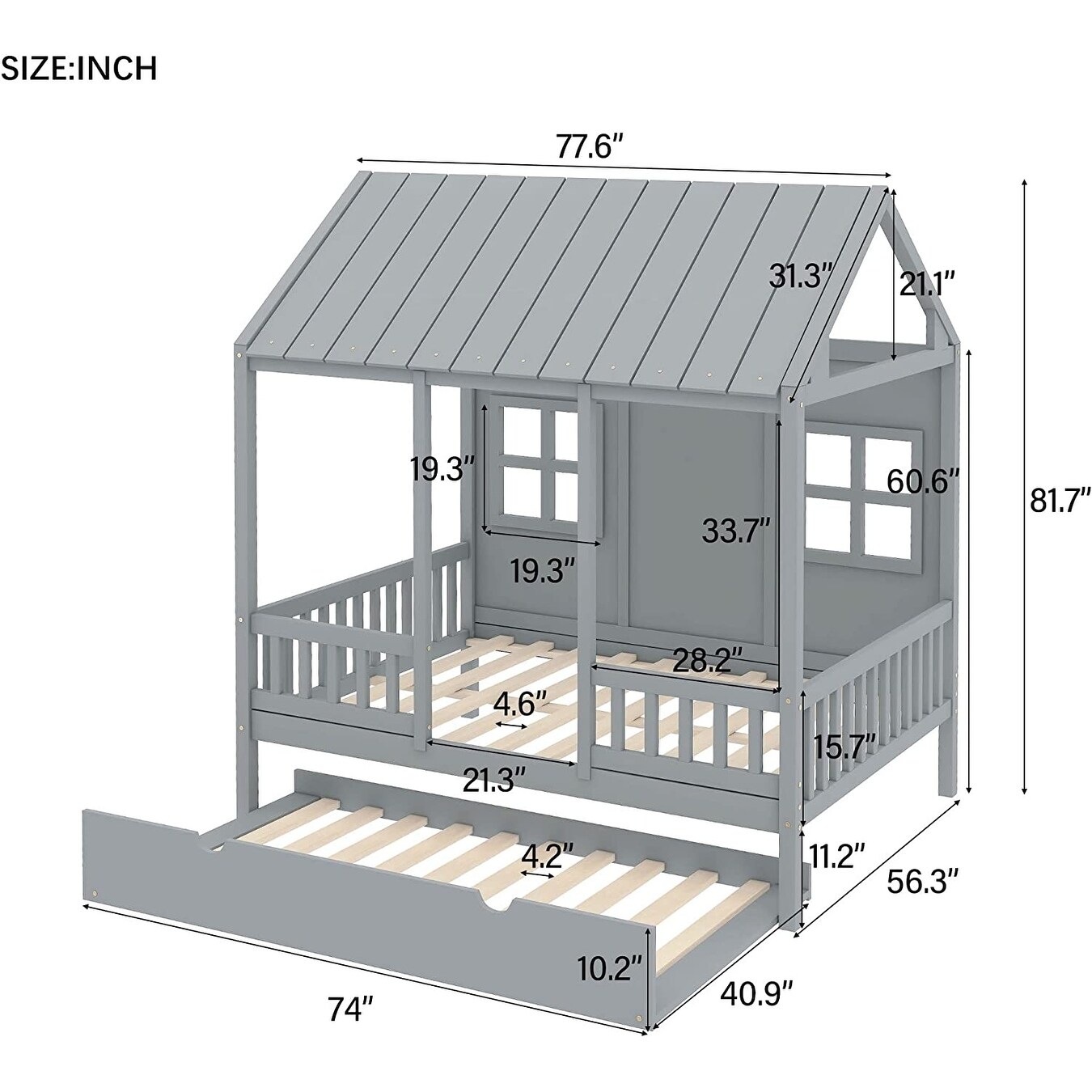 Wooden House Daybed with Twin Trundle, Roof & Windows Design Grey - Full