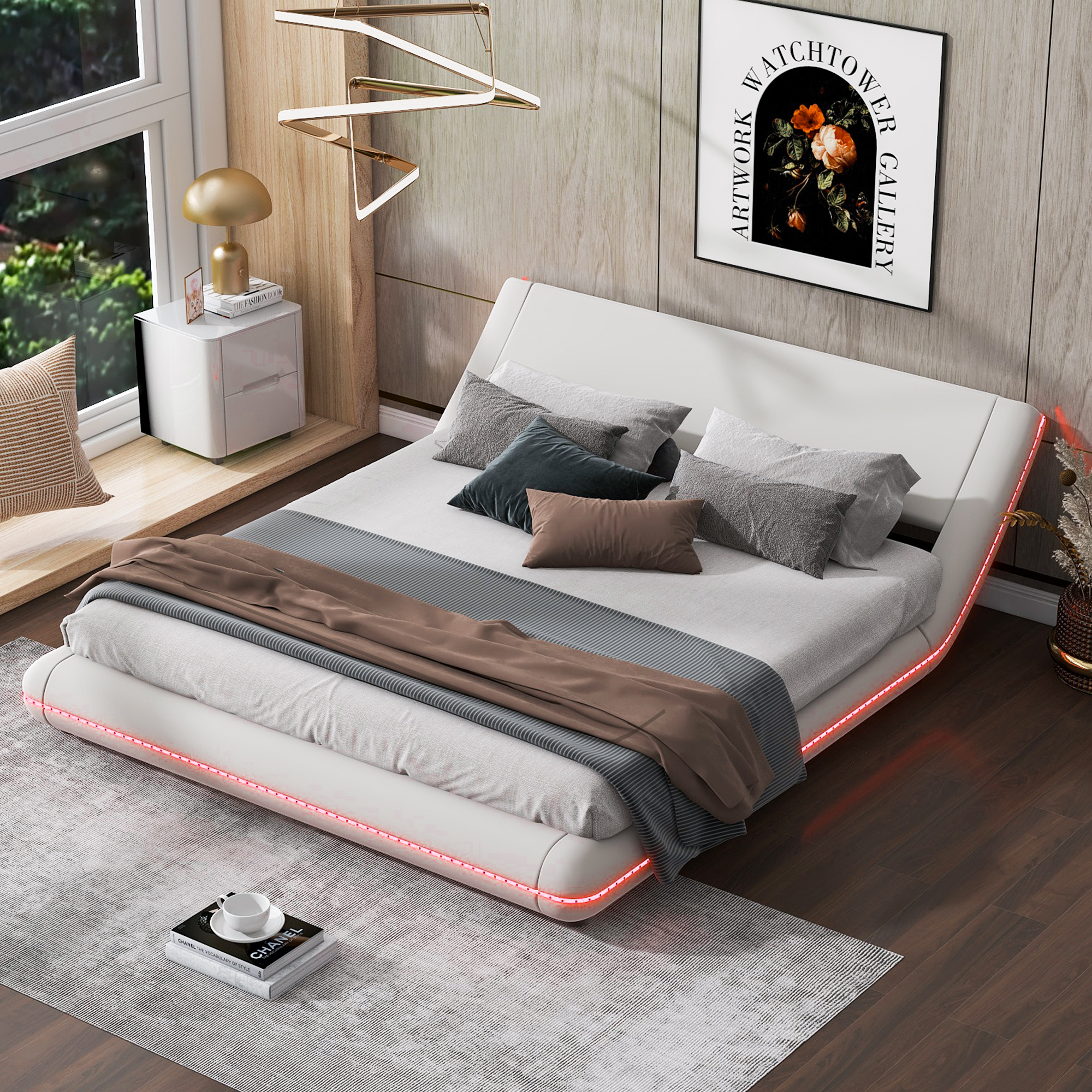 Queen Size Upholstery Platform Bed Frame with Sloped Headboard - Classic White Finish