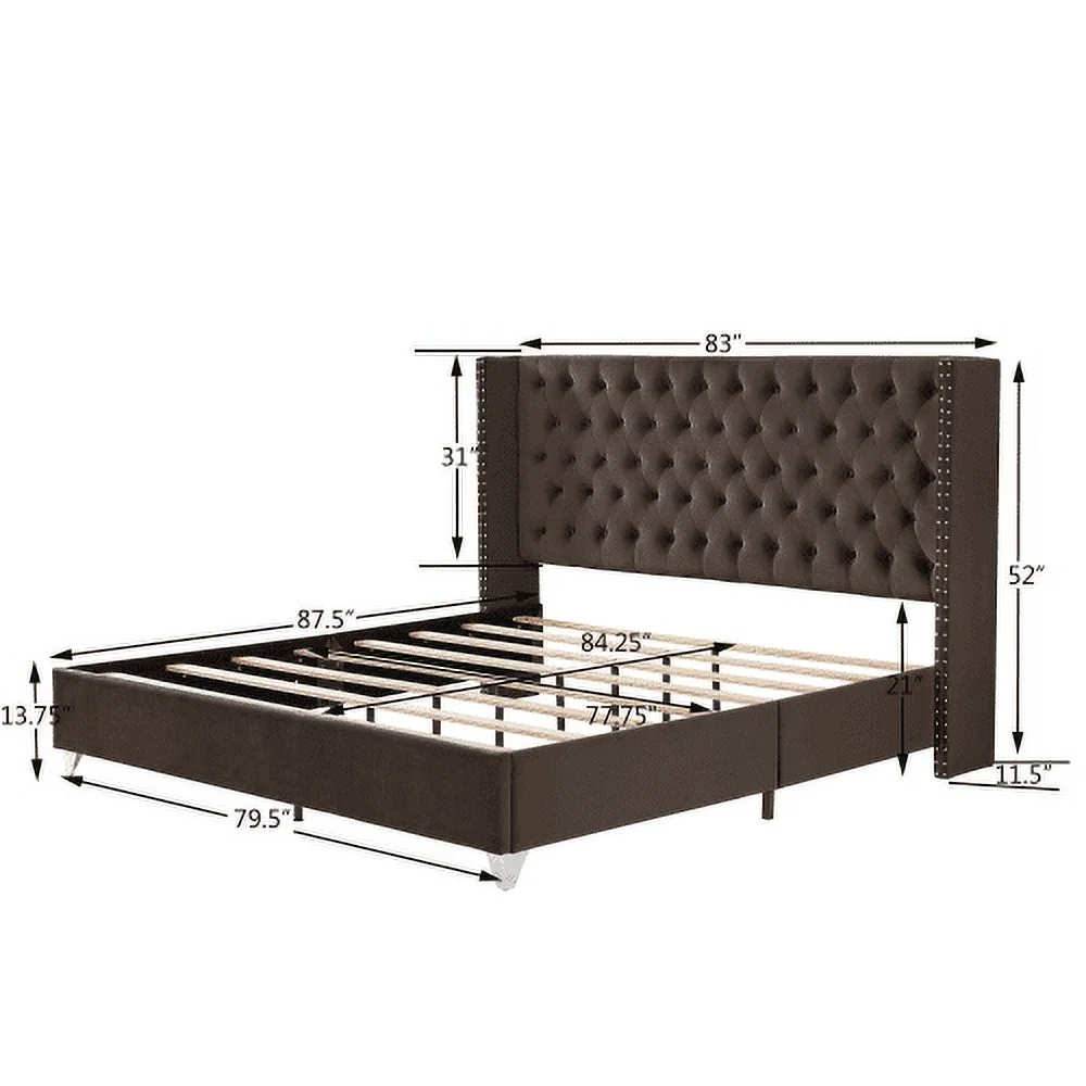 King Bed, Button Designed Headboard,Strong Wooden Slats + Metal Legs With Electroplate