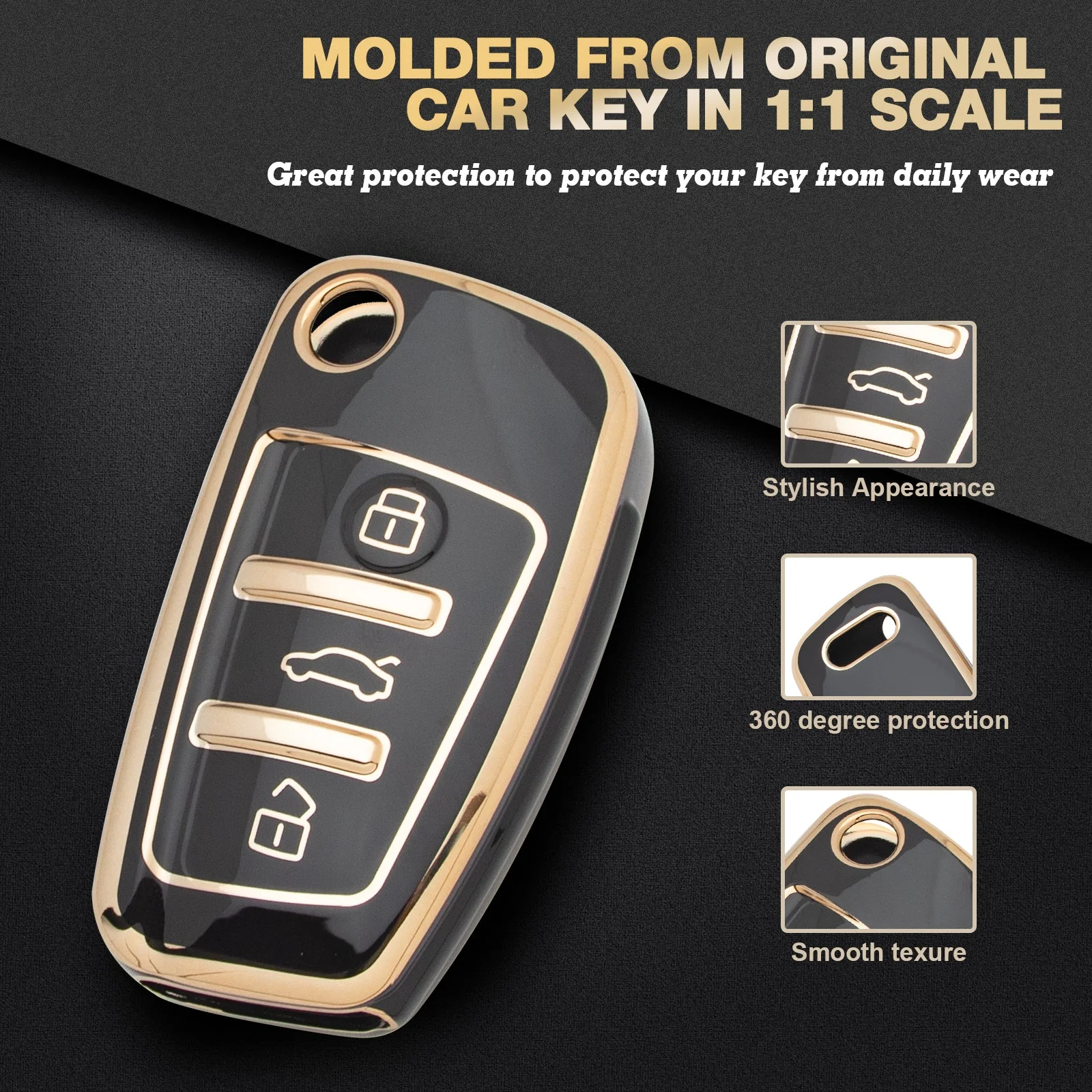 Xotic Tech 2Pcs Black Soft TPU 3-Button Full Protection Smart Remote Control Key Fob Cover Shell Case Holder Compatible with Audi A3 A1 A3 A6 Q2 Q3 Q7 TT TTS R8 S3 S6 RS3 A6L etc.