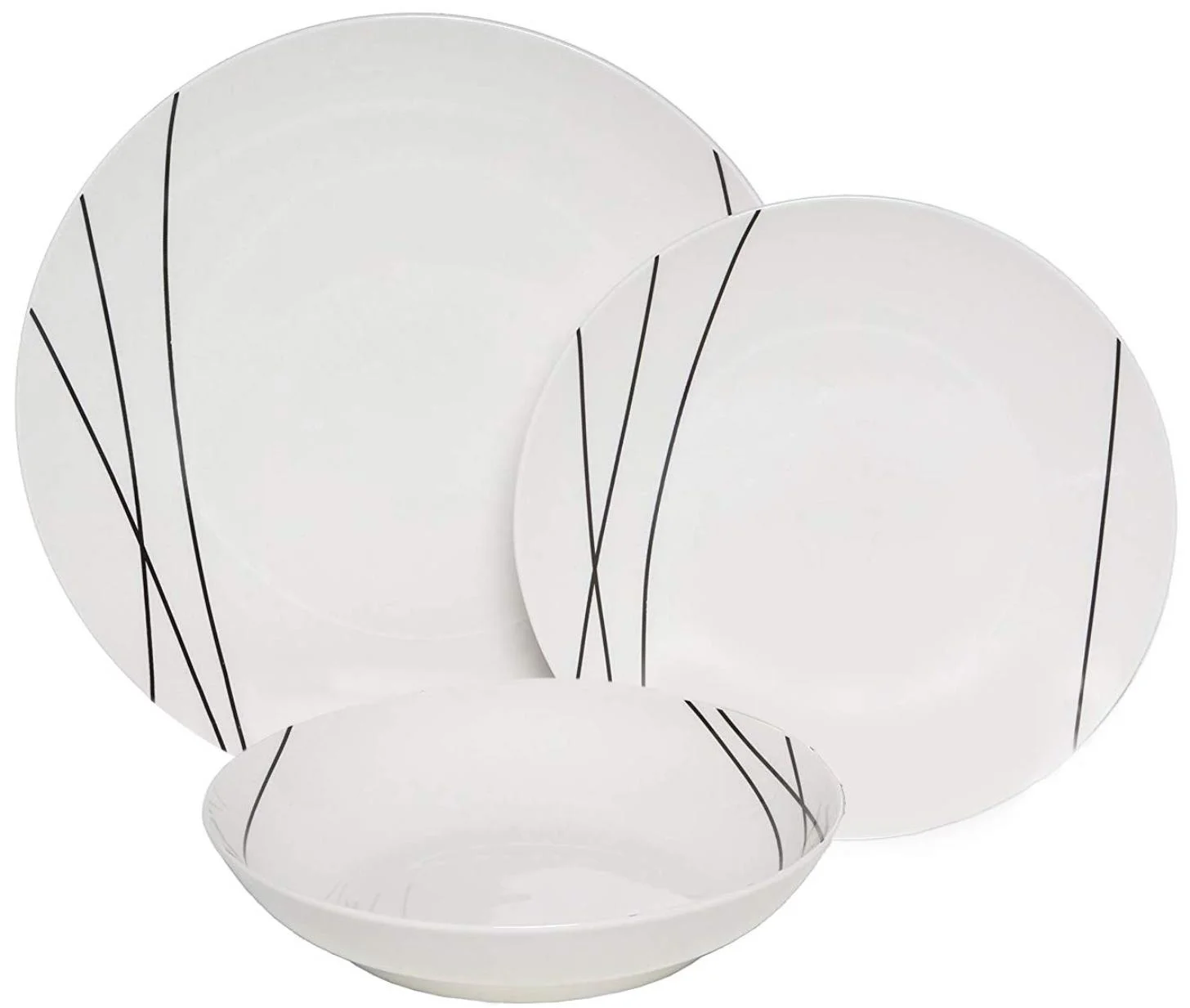 Melange Coupe 18 Piece Porcelain Dinnerware Set | Black Lines Collection | Service for 6 | Microwave, Dishwasher & Oven Safe | Dinner Plate, Salad Plate, Soup Bowl (6 Each)
