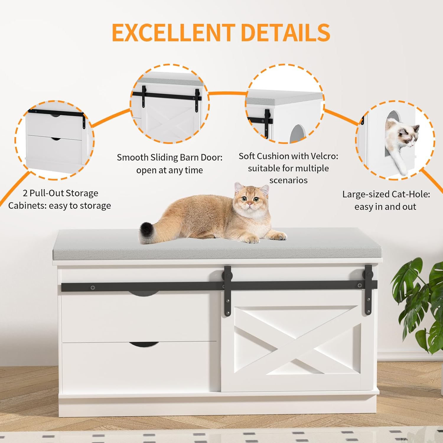 Cuoote Cat Litter Box Enclosure with Shelf Storage, 37.4'' L Cat Litter Box Furniture with Sliding Barn Door, Hidden Litter Box Furniture with 2 Drawers (White)