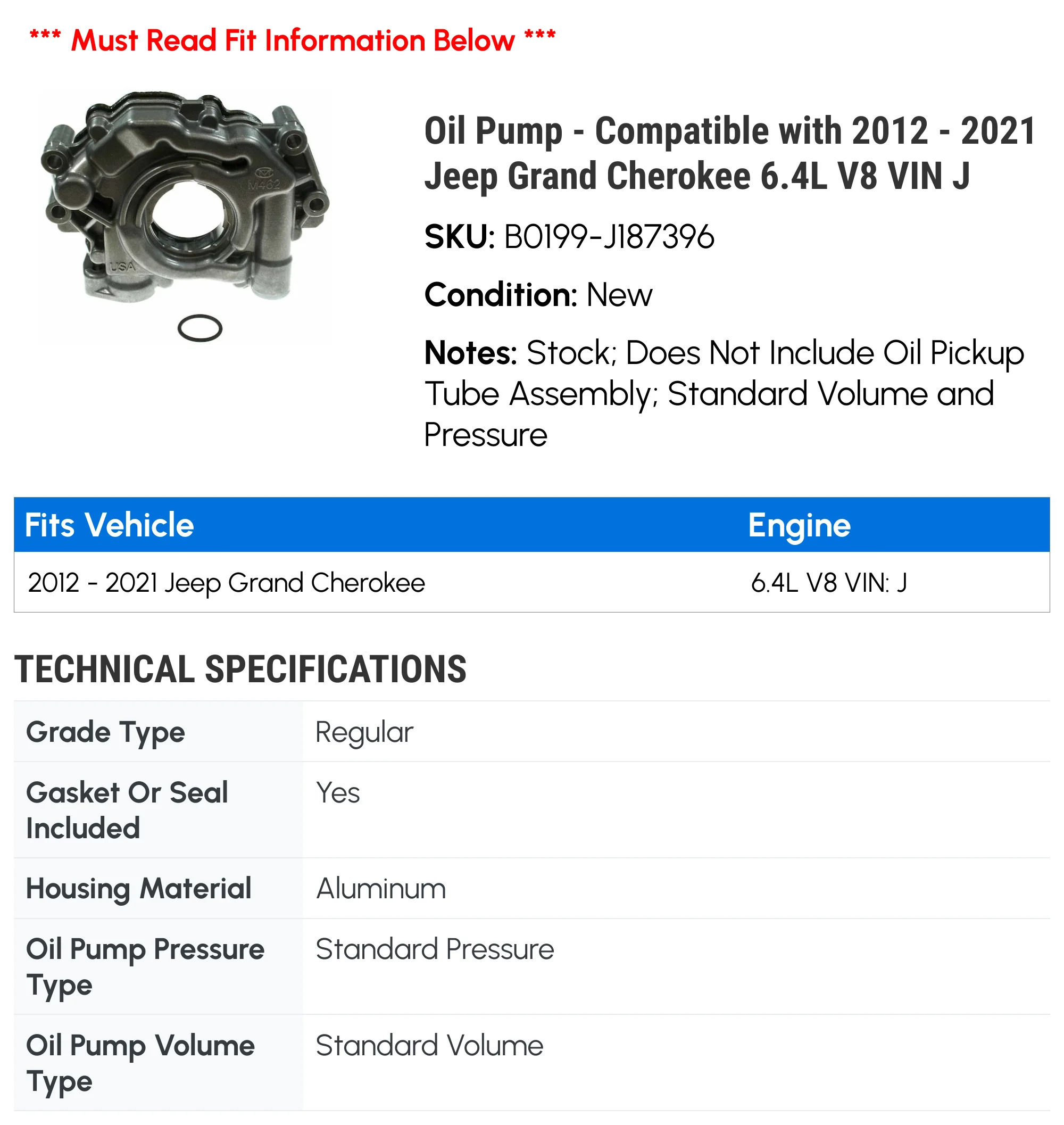 Oil Pump - Compatible with 2012 - 2021 Jeep Grand Cherokee 6.4L V8 VIN J 2013 2014 2015 2016 2017 2018 2019 2020