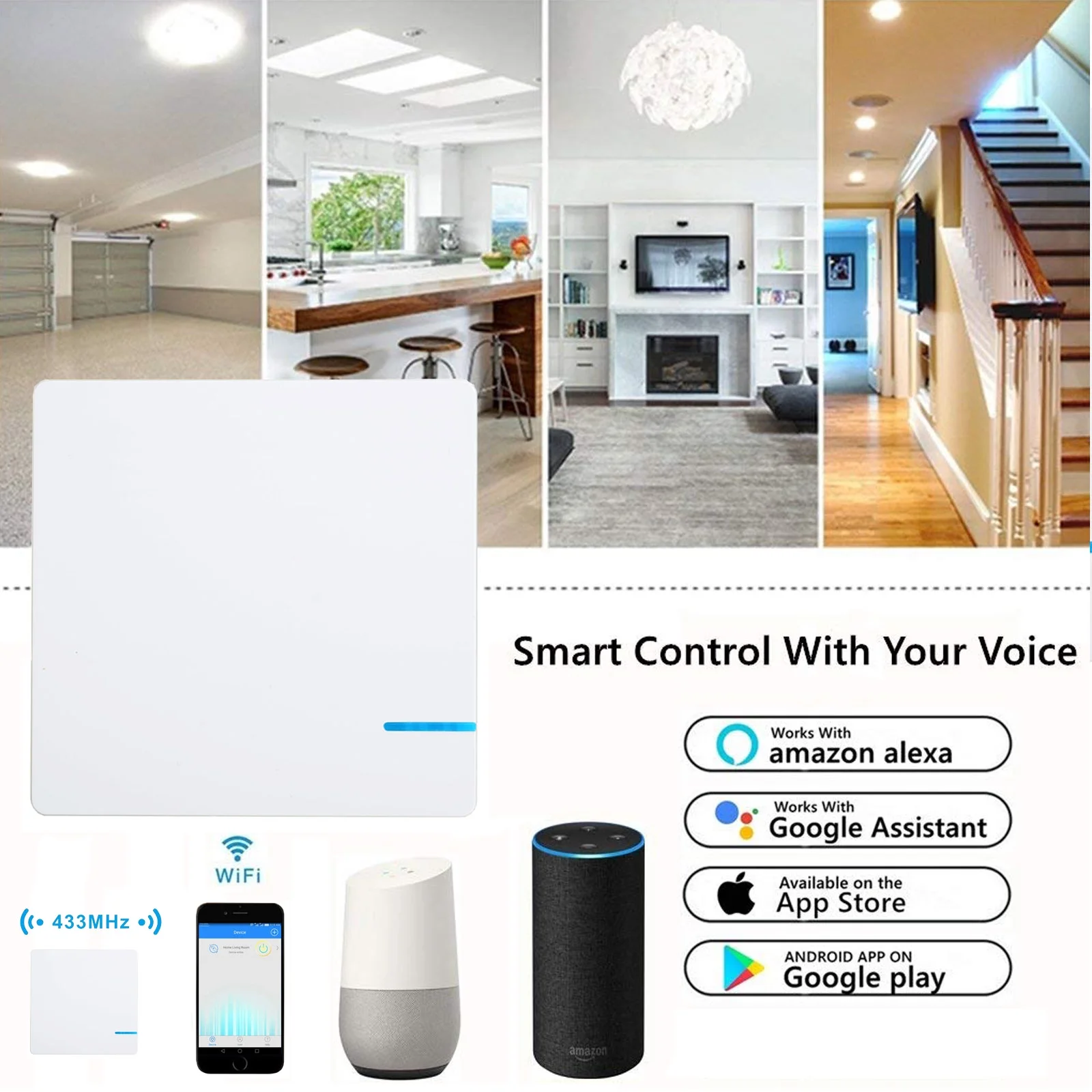 GREENCYCLE Smart Light Switch WiFi Wall Wireless 2x 1-gang Switch + 2x WIFI Receiver Compatible with Amazon Alexa and Google Home Remote Control Lights and Appliances Timing Function