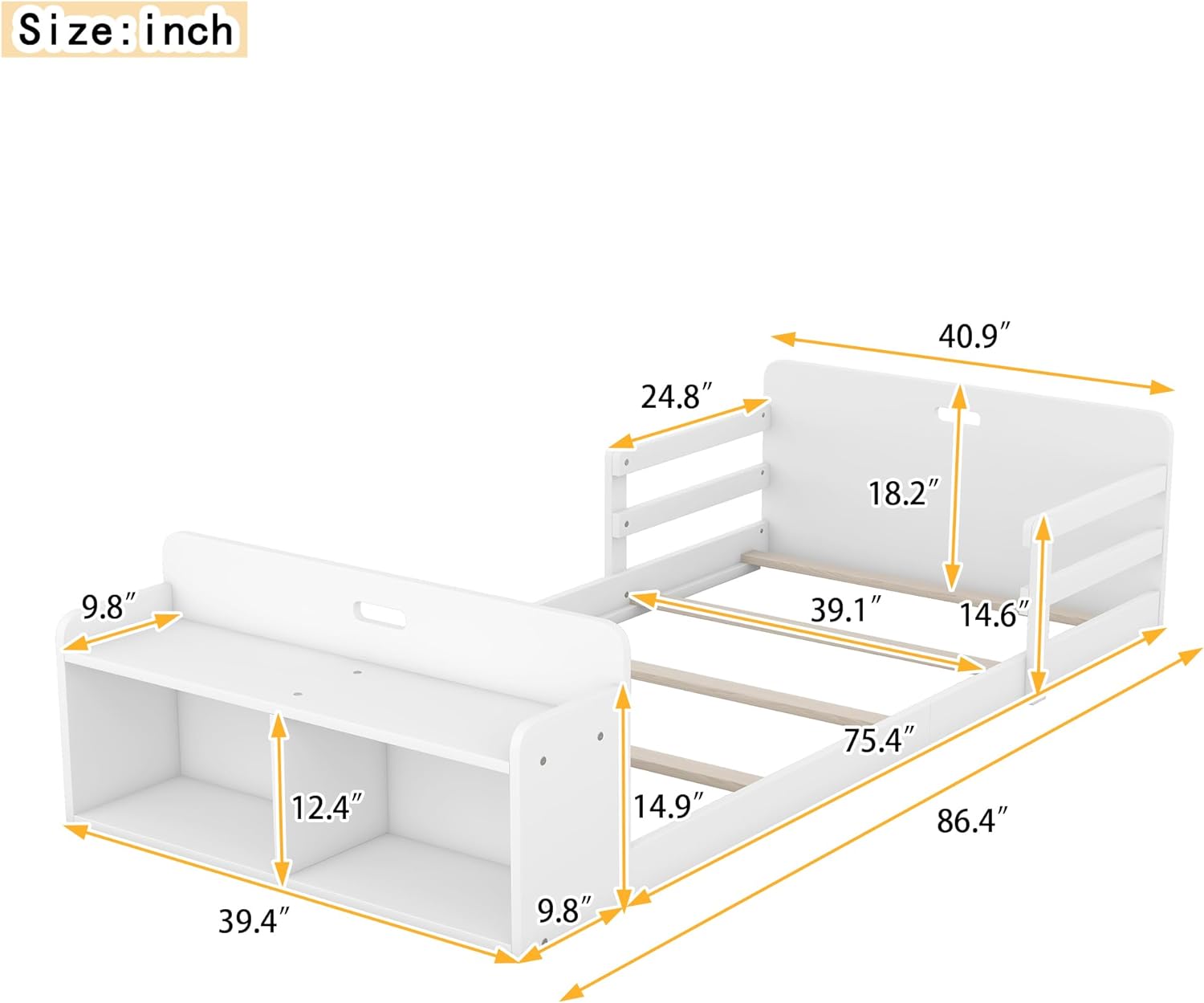 Floor Bed With Half Guardrail Wood Low Bed Frame With Storage Footboard