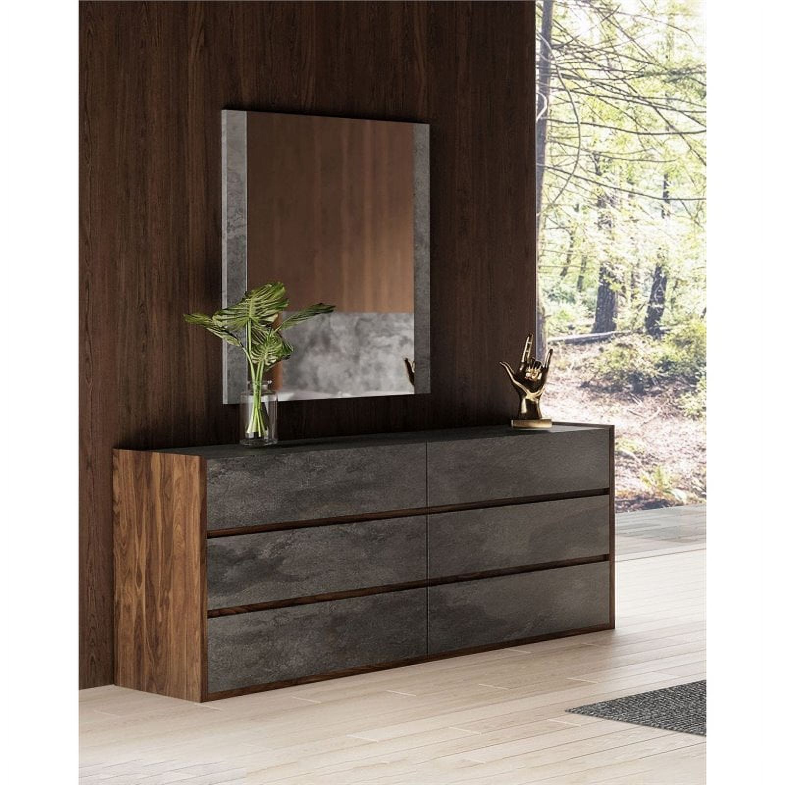 Modrest Rado 6-Drawer Modern Wood and Stucco Dresser in Gray/Walnut