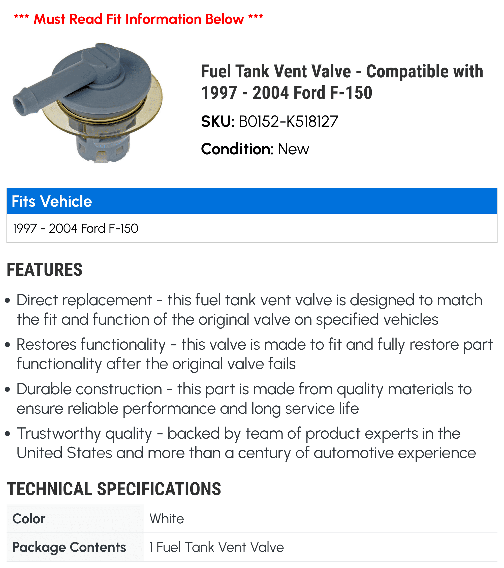 Fuel Tank Vent Valve - Compatible with 1997 - 2004 Ford F-150 1998 1999 2000 2001 2002 2003