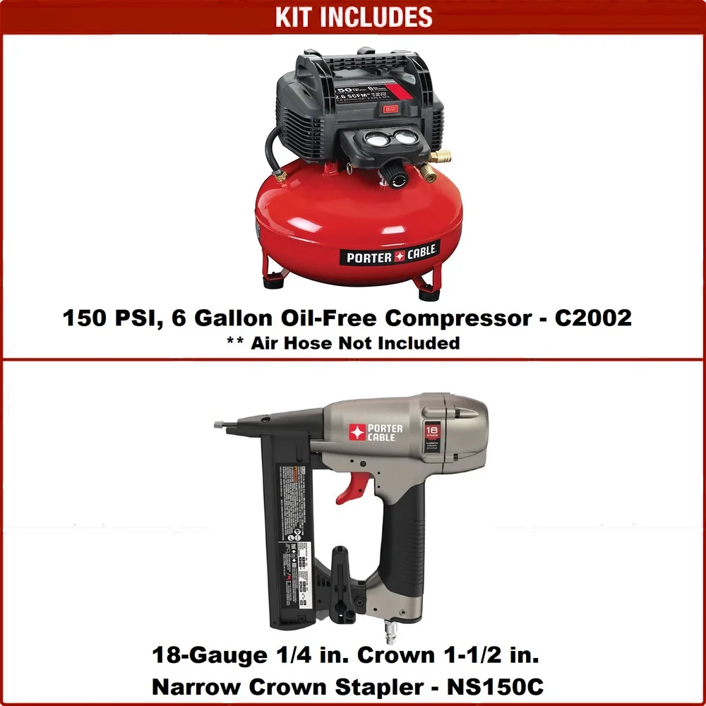 Porter-Cable C2002-NS150C 0.8 HP 6 Gallon Oil-Free Pancake Air Compressor and 18-Gauge 1-1/2 in. Narrow Crown Stapler Kit Bundle