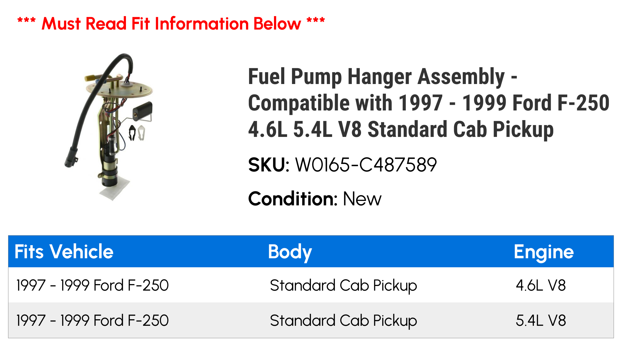 Fuel Pump Hanger Assembly - Compatible with 1997 - 1999 Ford F-250 4.6L 5.4L V8 Standard Cab Pickup 1998