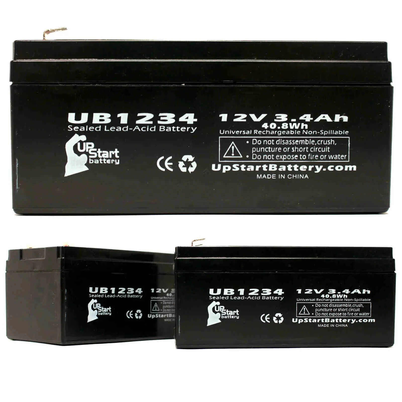 3x Pack - Compatible Powertron PE12V32F1 Battery - Replacement UB1234 Universal Sealed Lead Acid Battery (12V, 3.4Ah, 3400mAh, F1 Terminal, AGM, SLA) - Includes TWO F1 to F2 Terminal Adapters